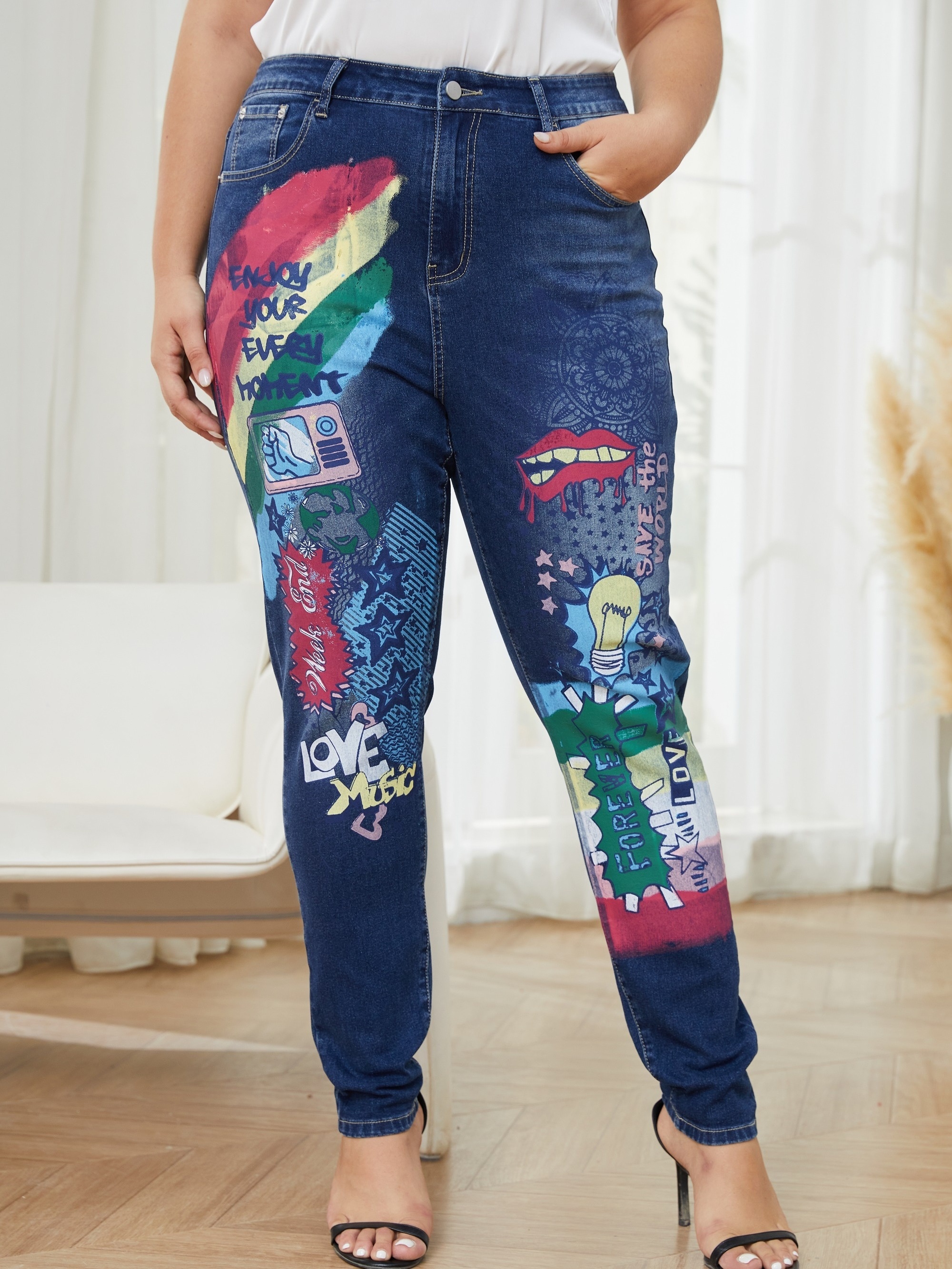 Graphic Jeans Women - Temu
