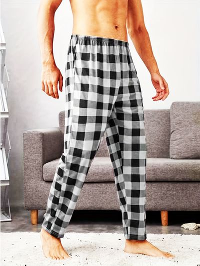 mens casual plaid pattern long pant pajamas homewear trendy trousers loungewear sleepwear