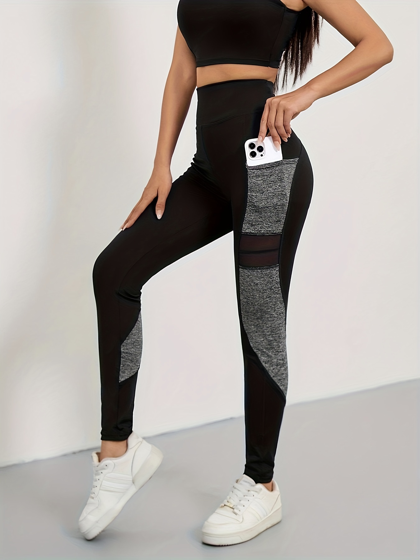 Contrast Color Mesh Stitching Yoga Leggings, High Waist Hip Lifting Side  Pockets Fitness Workout Pants, Women's Activewear