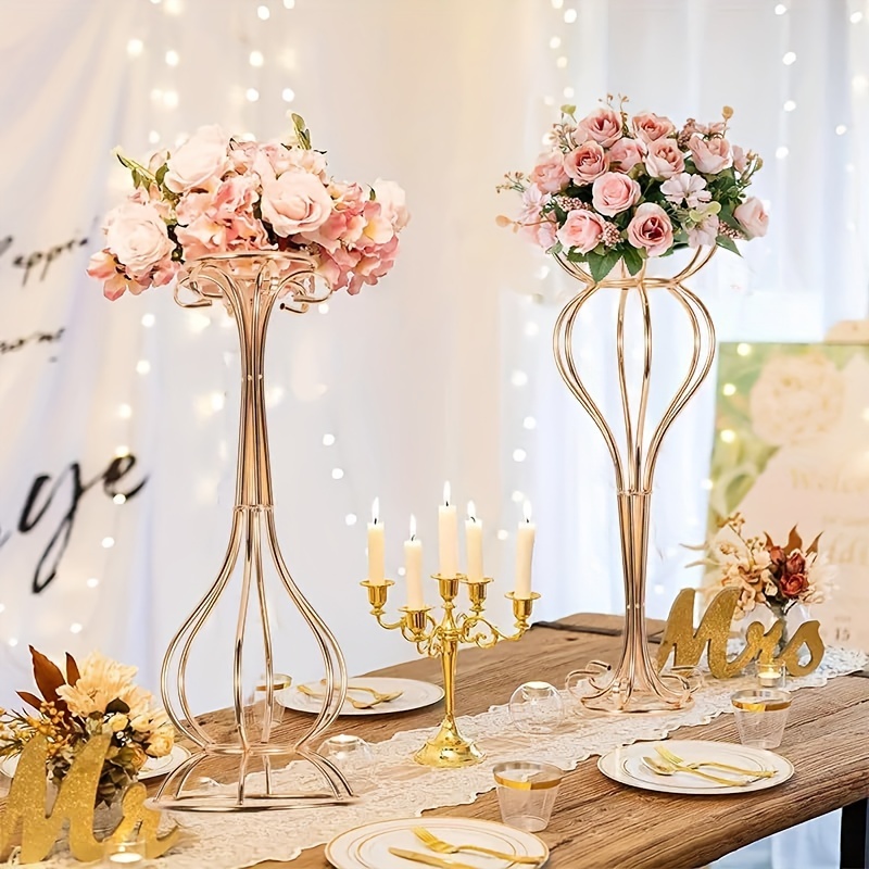 2pcs, Golden Flower Vases Stand For Table Centerpiece, Metal Trumpet Stands  For Wedding Road-Leading, 25.6inch Tall Tabletop Flower Stands For Home Bi