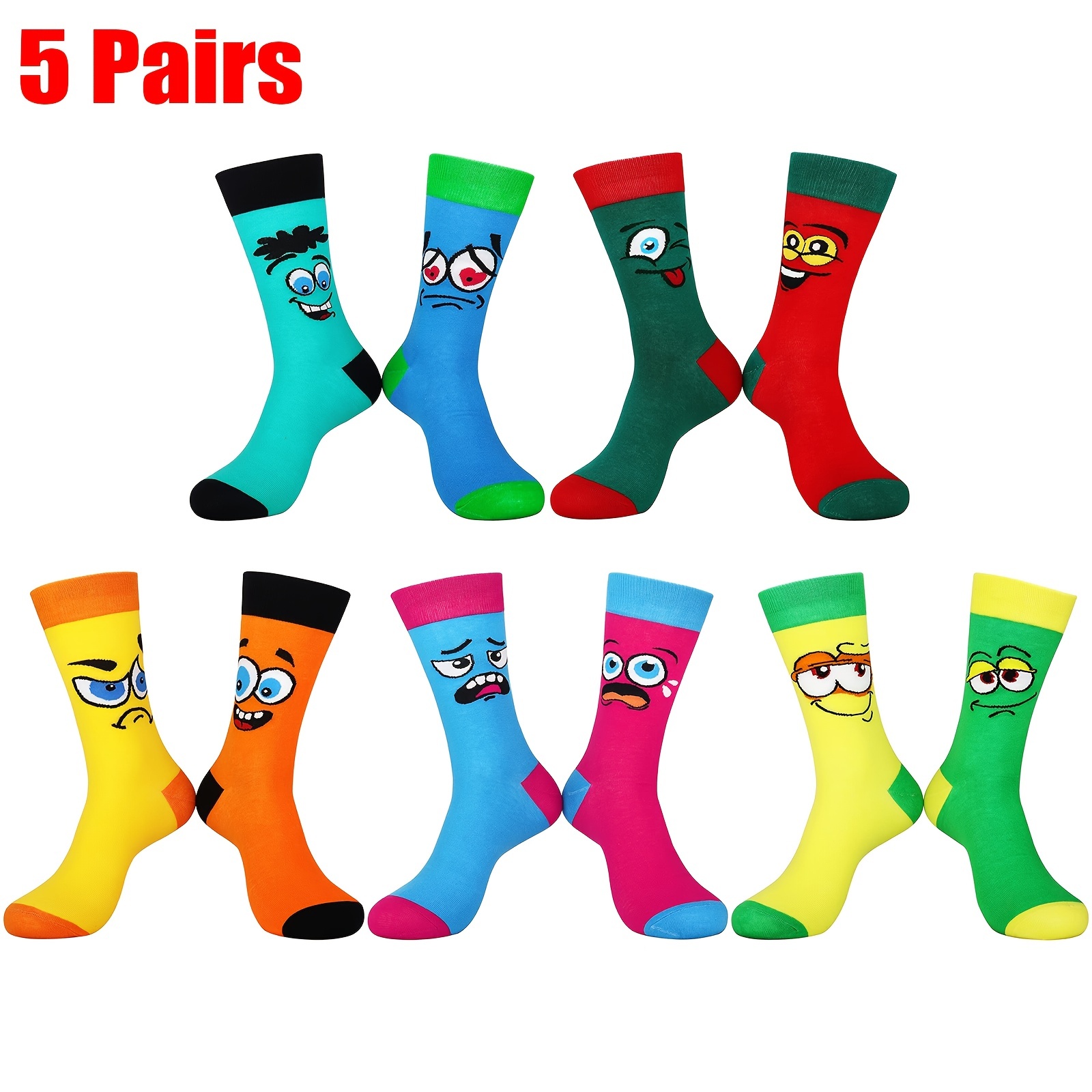 

5 Pairs Men's Funny Face Patterned Crew Socks, Funny Crazy Cool Socks For Men's Christmas Gifts