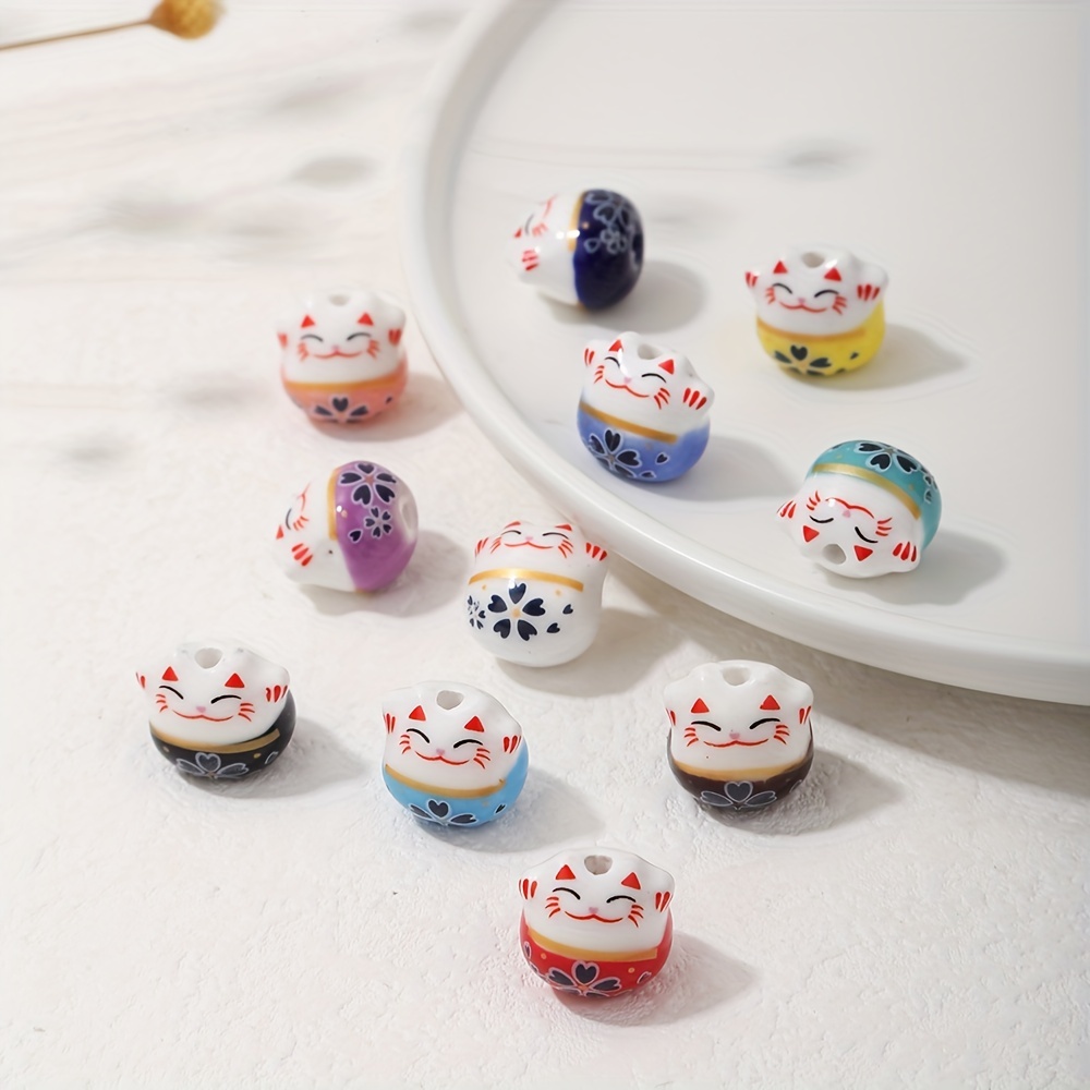 Ceramic Lucky Cat Beads Printed Beads Diy - Temu