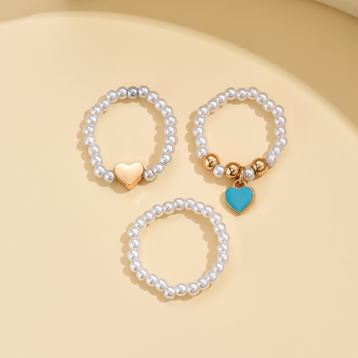 Vintage Heart Ring Set Elastic Irregular Faux Pearl Beaded Love Drop Ring