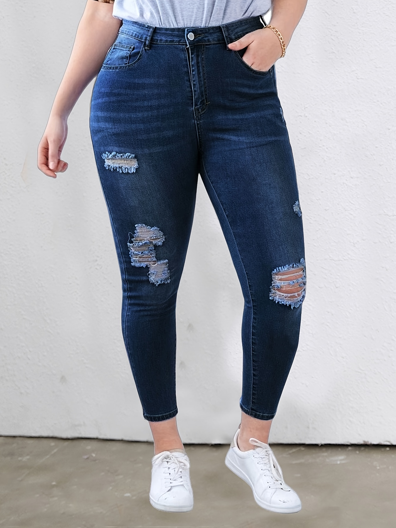 Plus Size Trendy Jeans Women's Plus Ripped Button Fly High - Temu