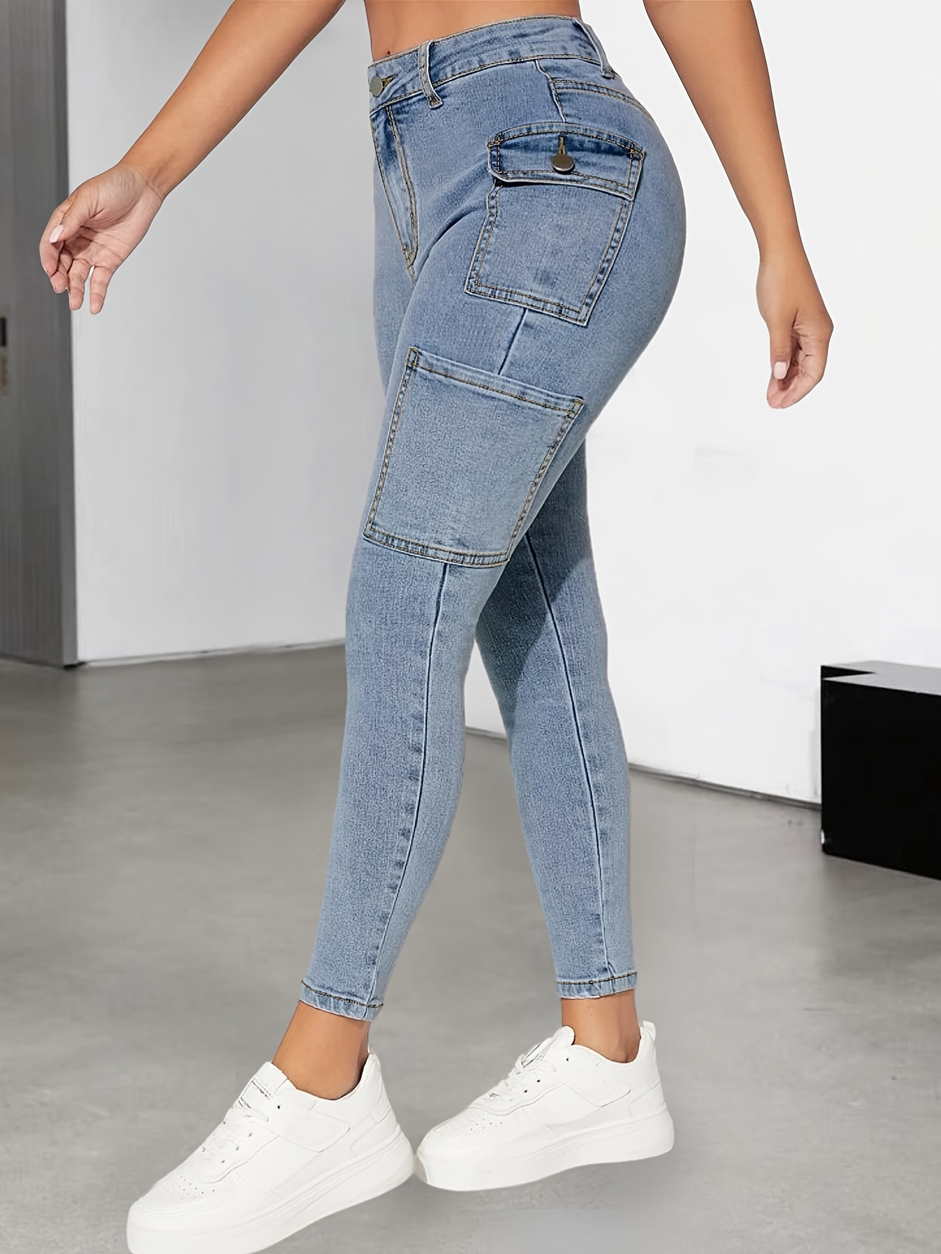 Side Flap Pocket High Cargo Jeans Multi pocket Washed - Temu