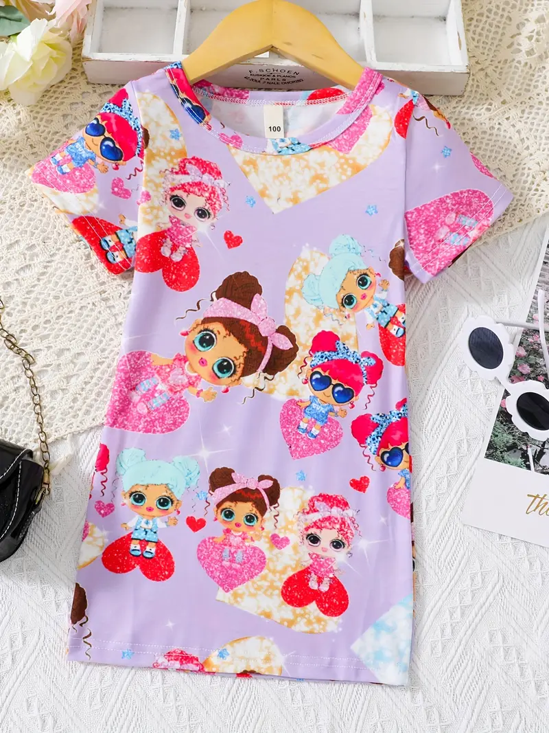 toddler girls cute cartoon shiny girl graphic crew neck casual t shirt dress for party kids summer clothes details 7