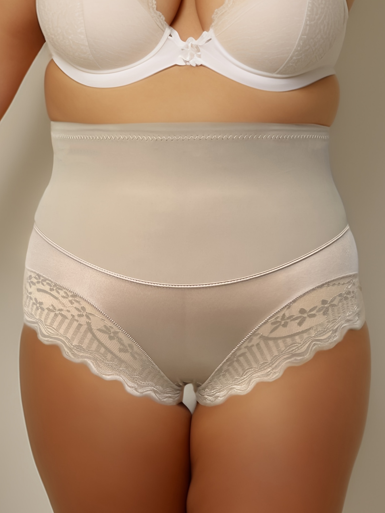 Plus Size Elegant Panty, Women's Plus Contrast Lace High Rise Tummy Control  Medium Stretch Panty