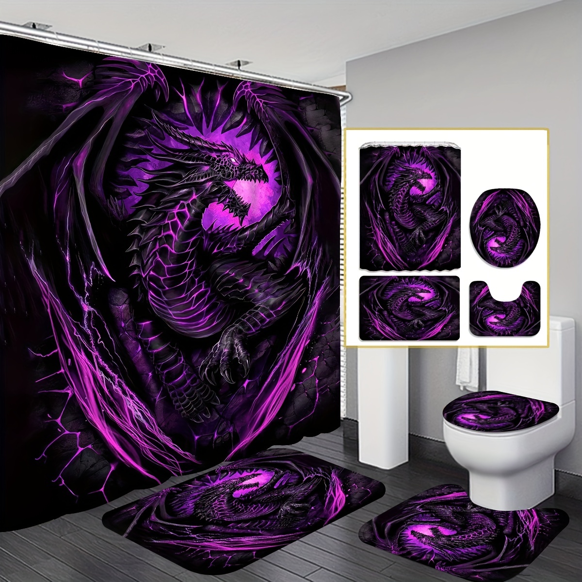 

1/4pcs Dragon Pattern Shower Curtain Set, Waterproof Bathroom Curtain With 12 Hooks, Non-slip Rug, Toilet Lid Cover, Bath Mat, Bathtub Curtain, Bathroom Accessories, 180*180cm/70.8*70.8in