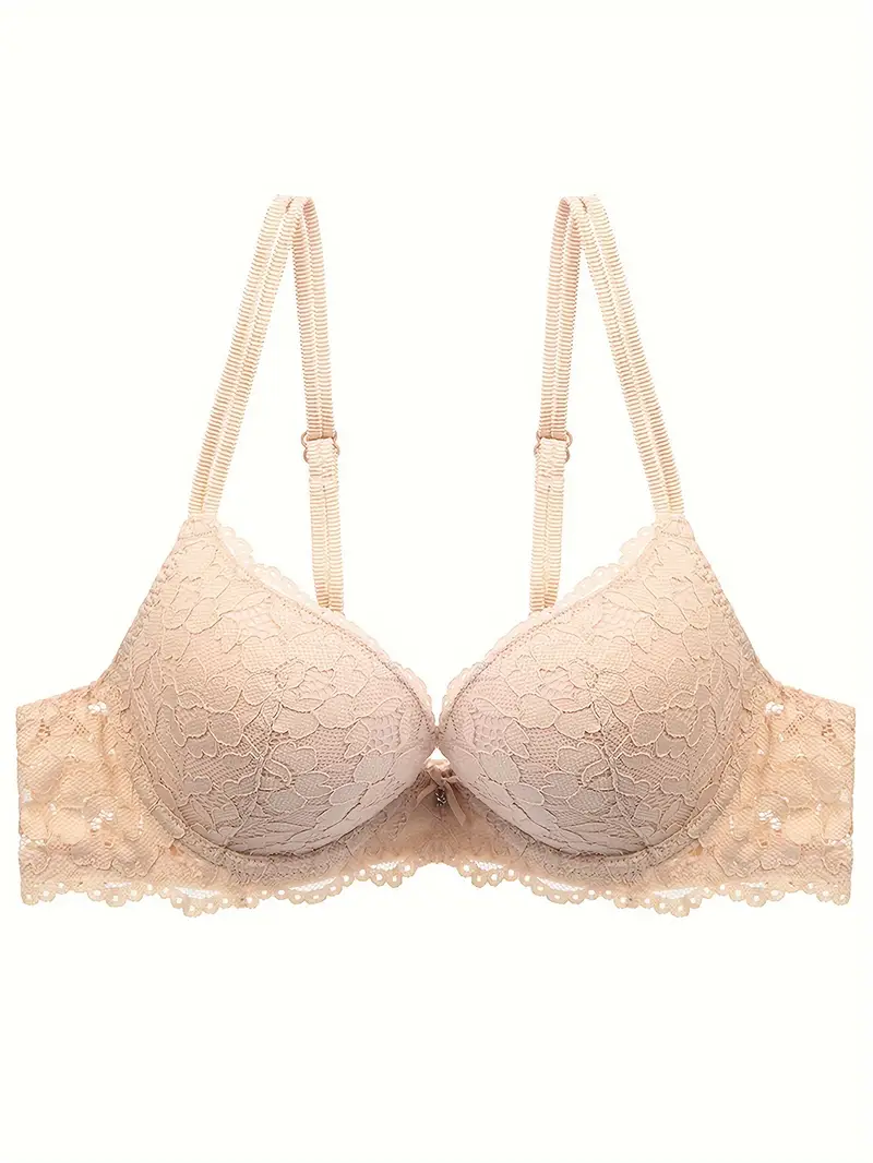 Lace Mesh Hollow Everyday Bra, Comfort & Mature Double Strap Thick Cup Push  Up Intimates Bra, Women's Lingerie & Underwear