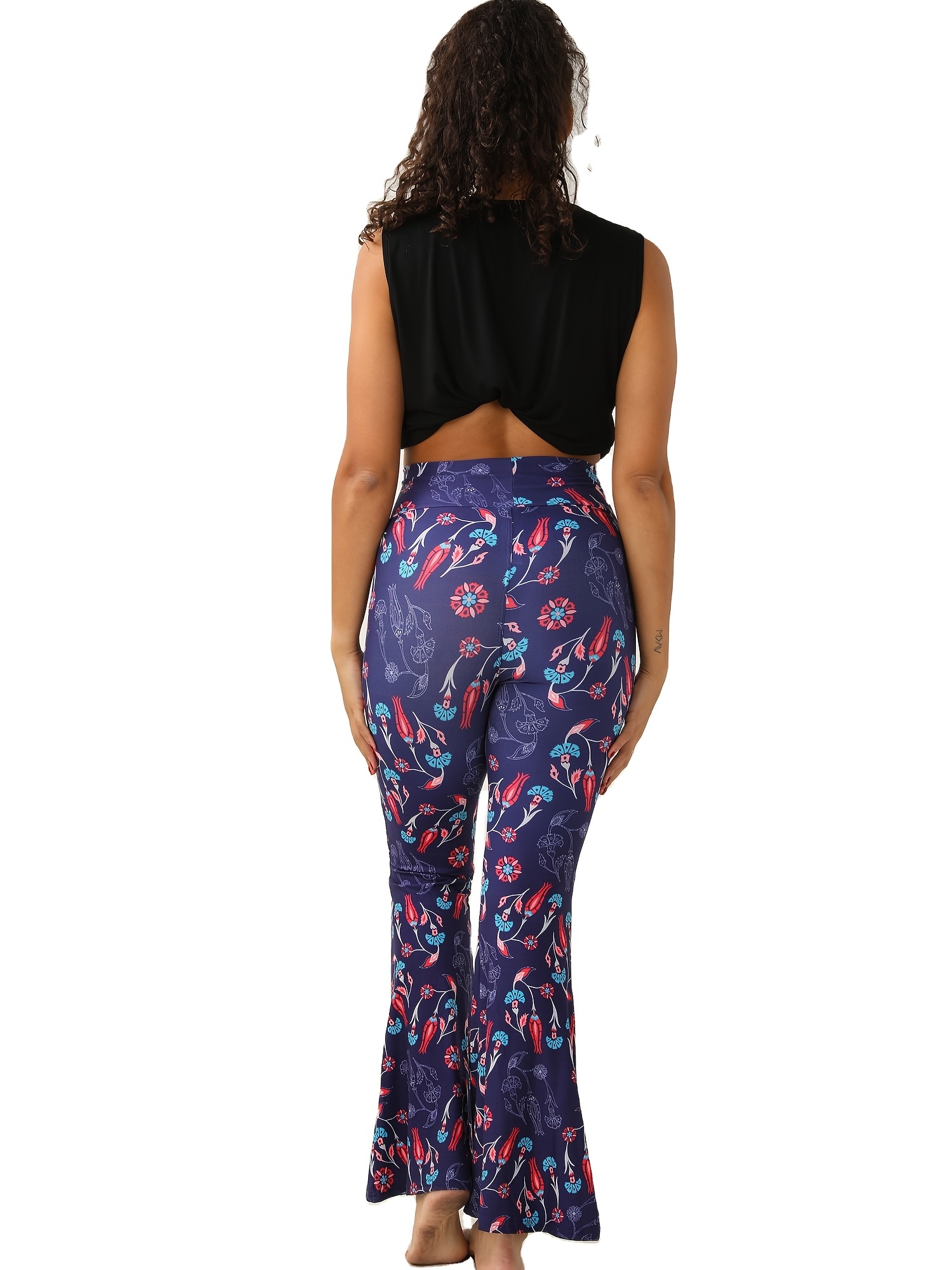 Boho Floral Bell Bottoms Print Flare Leggings, Casual Stretchy High Waist  Skinny-Fit Pants For All-season, Women's Clothing