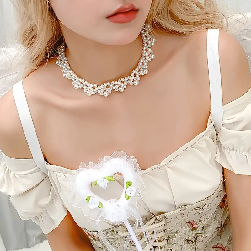 Flower Shape Braid Necklace Faux Pearls Short Choker - Temu