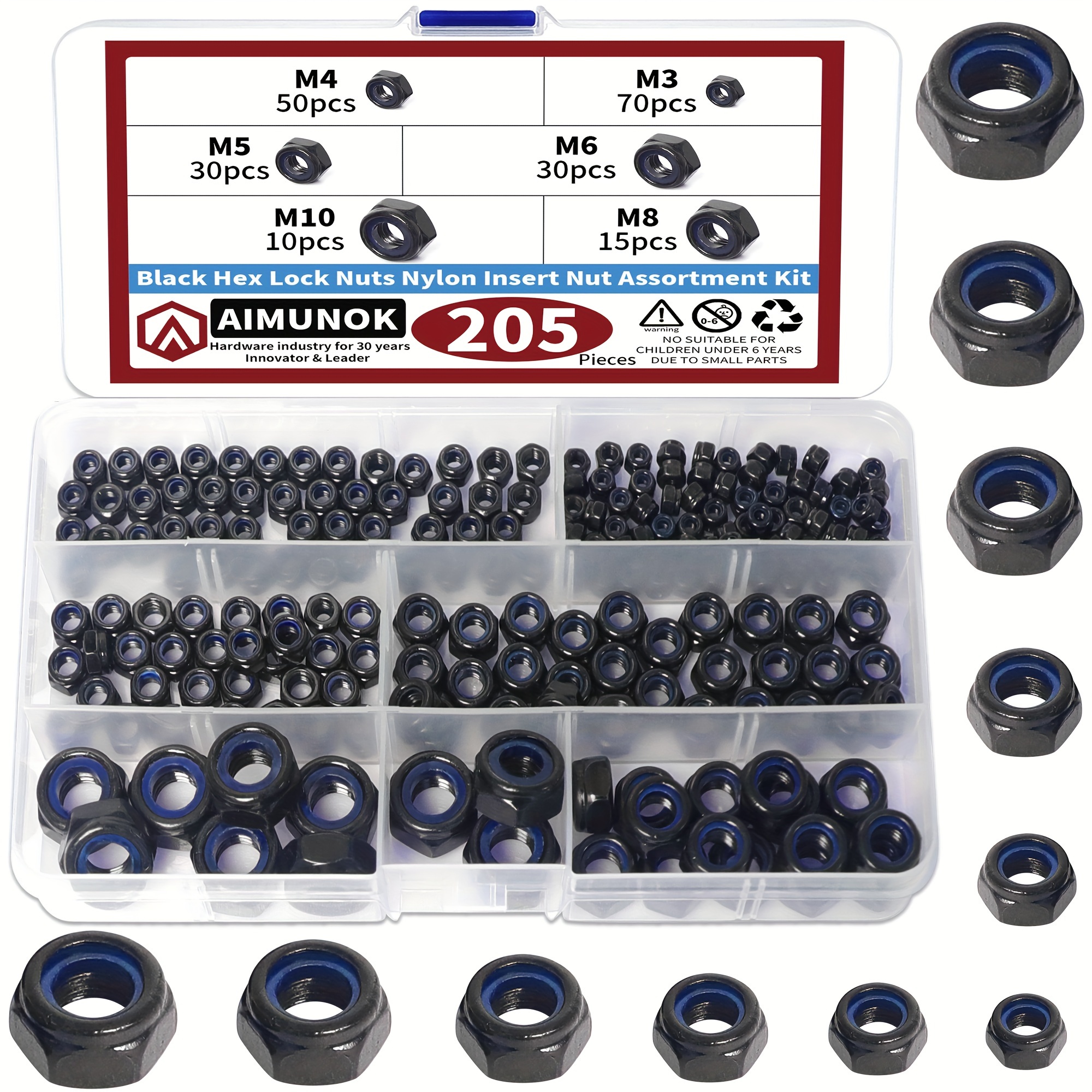 

205pcs Black Nylon Insert Lock Nuts Assortment Kit For Matching Screws Or Bolts - Metric 6 Sizes M3 M4 M5 M6 M8 M10