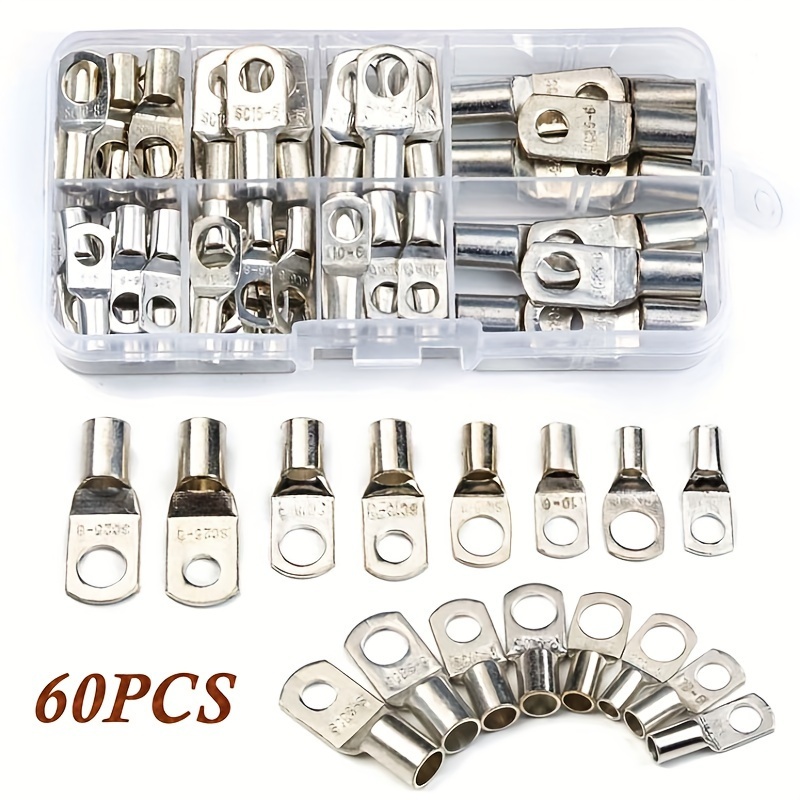 60pcs Bolt Hole Tinned Copper Cable Lugs Battery Terminals Set Wire Terminals Connector UL Battery Lug Terminal Connector SC6-6 SC25-8