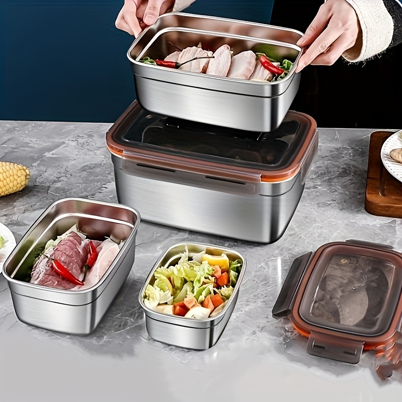 1/3/4pcs Containers, Stainless Steel Fresh-keeping Box With Transparent Lid, Multipurpose Reusable Food Storage Container, For Fruit, Vegetable, Meat And Meal, For Office, Travel And School, Kitchen Supplies