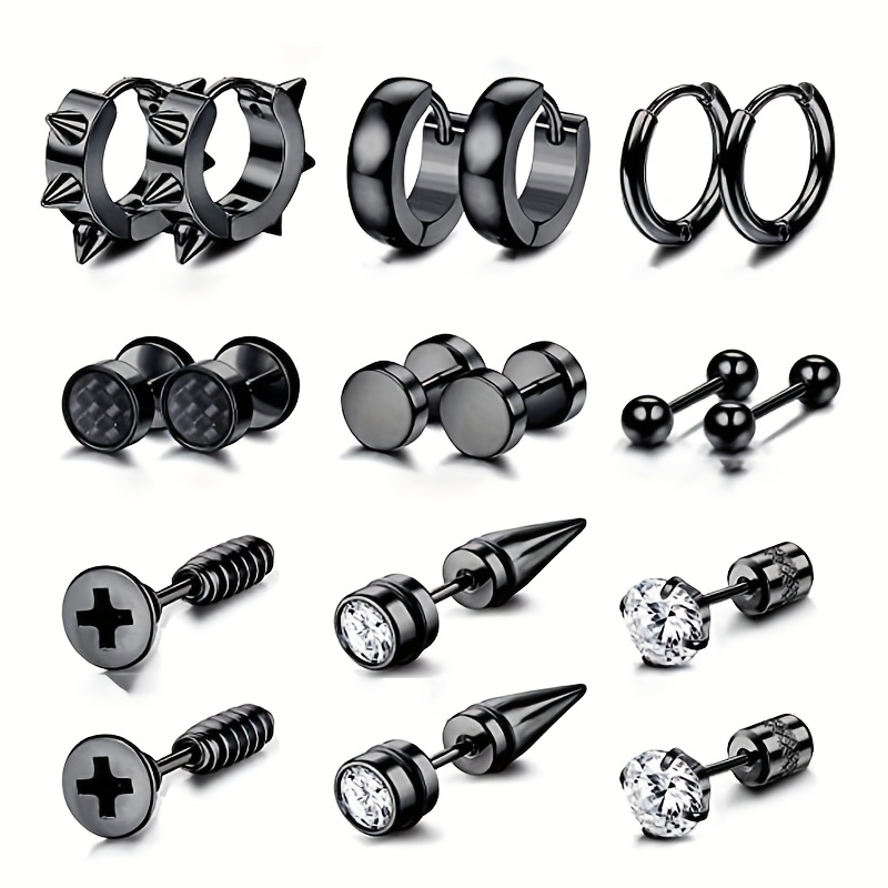 

9 Pairs Of Black Stainless Steel Earrings Punk Neutral Simple Trendy Fashion Pendant Earrings For Women And Men Gothic Stud Earrings Female Piercing Small Hoop Earrings For Men And Women