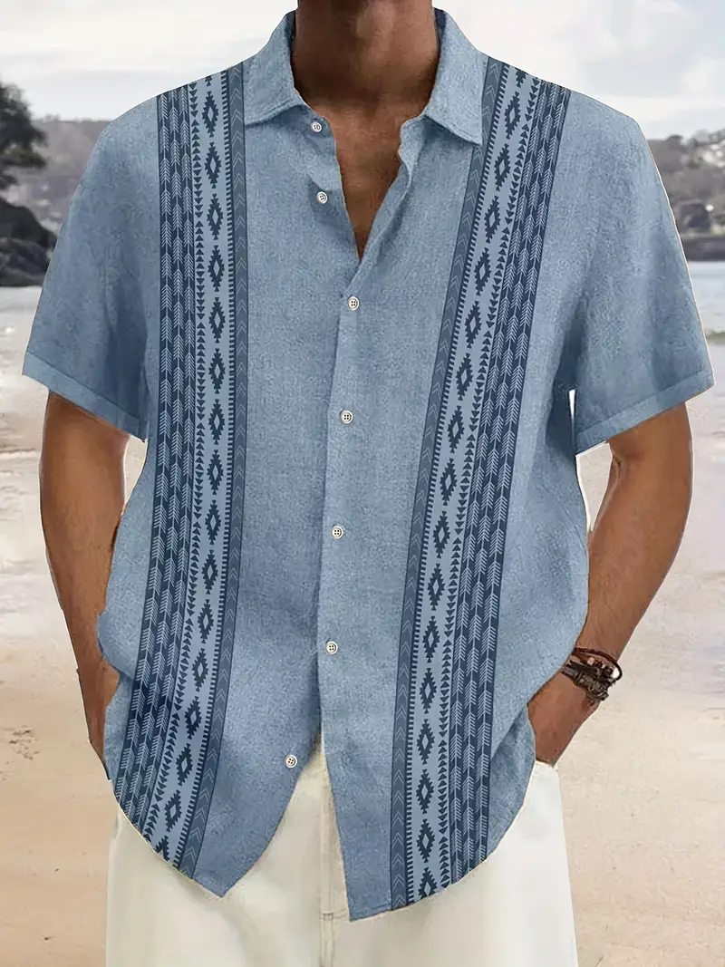 plus size mens vintage geometric ethnic pattern button down shirts lapel hawaiian summer clothings for party holiday details 0