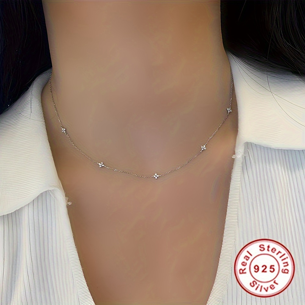 

925 Sterling Silver Exquisite 4 Leaf Clover Zircon Necklace Plated Collarbone Chain For Anniversary Valentine's Day Party Gift For Women Girlfriend