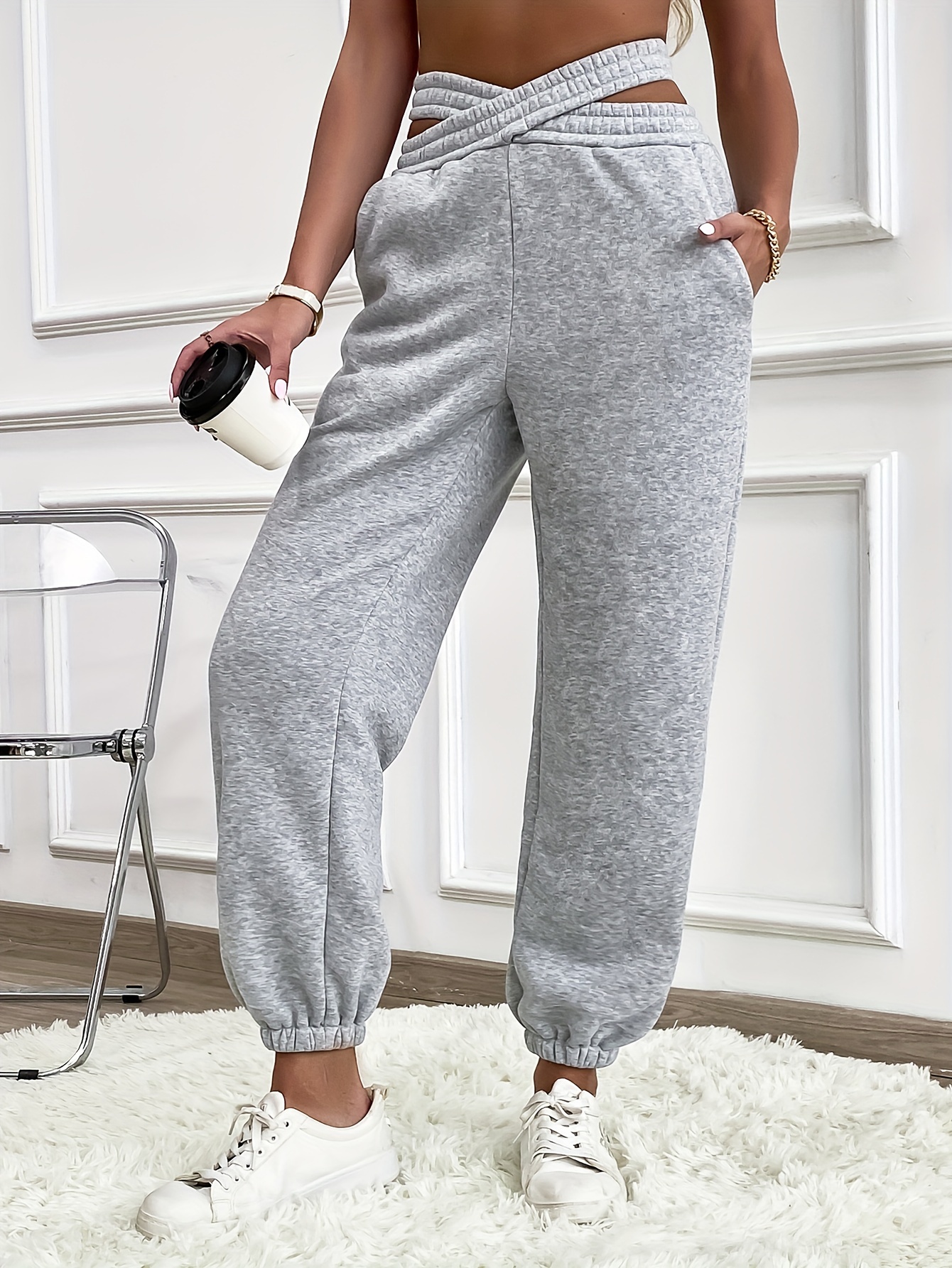 Criss Cross Waist Solid Sweatpants