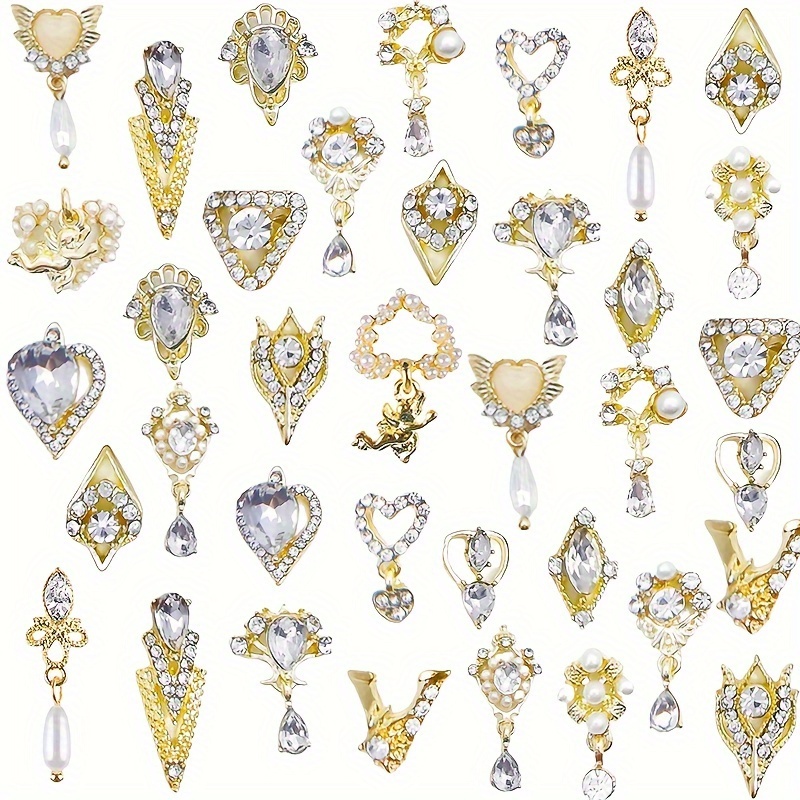 48pcs Dangle Nail Charms Rhinestones For Nails, Heart Charms Golden Silvery  Nail Synthetic Crystal For Acrylic Nails