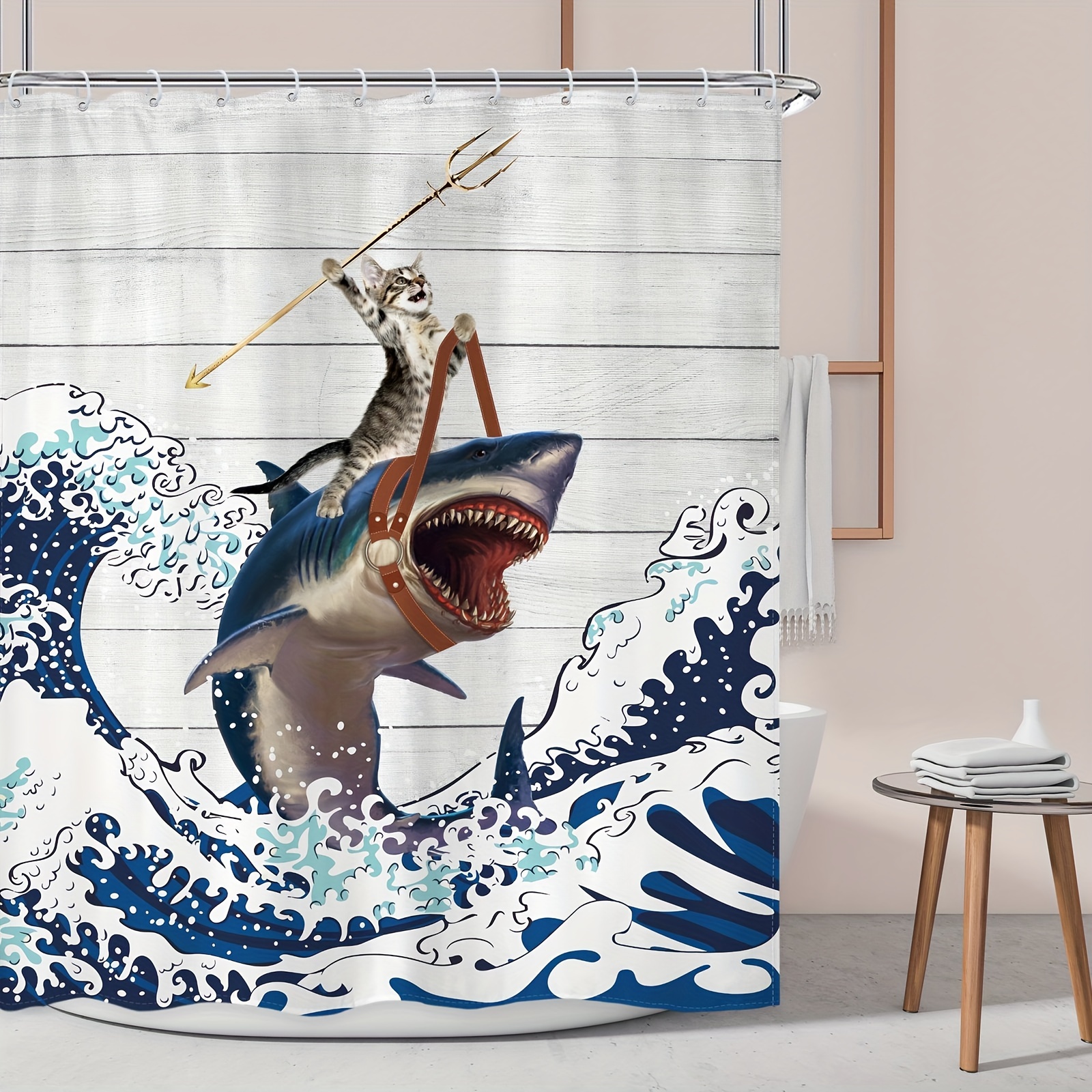 1pc Funny Cat Shower Curtain, Cool Shark Rustic Wood Farmhouse For Man Kids  Nautical Artwork Cloth, Fabric Waterproof Polyester Bathroom Decor Set Wit