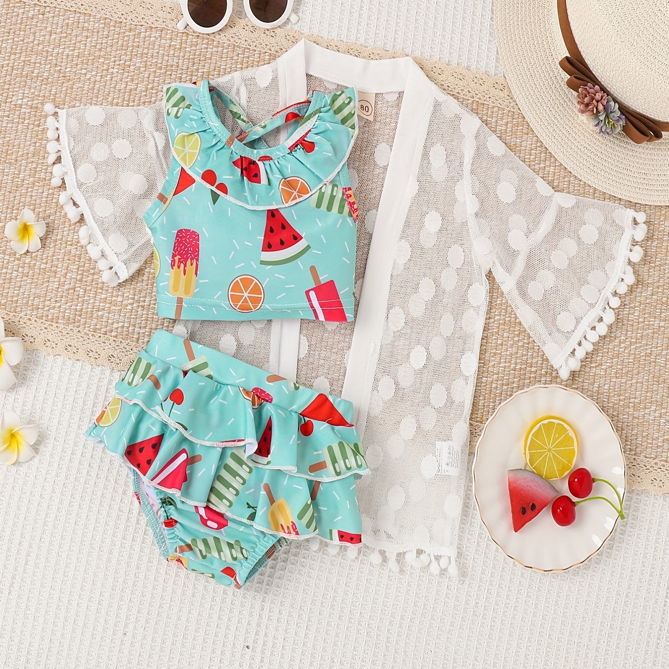 

3pcs Baby Girls Cute Watermelon Graphic Print Sleeveless Tank Top & Swimming Trunk & Cover Swimsuit Bathing Suit Clothes For Summer