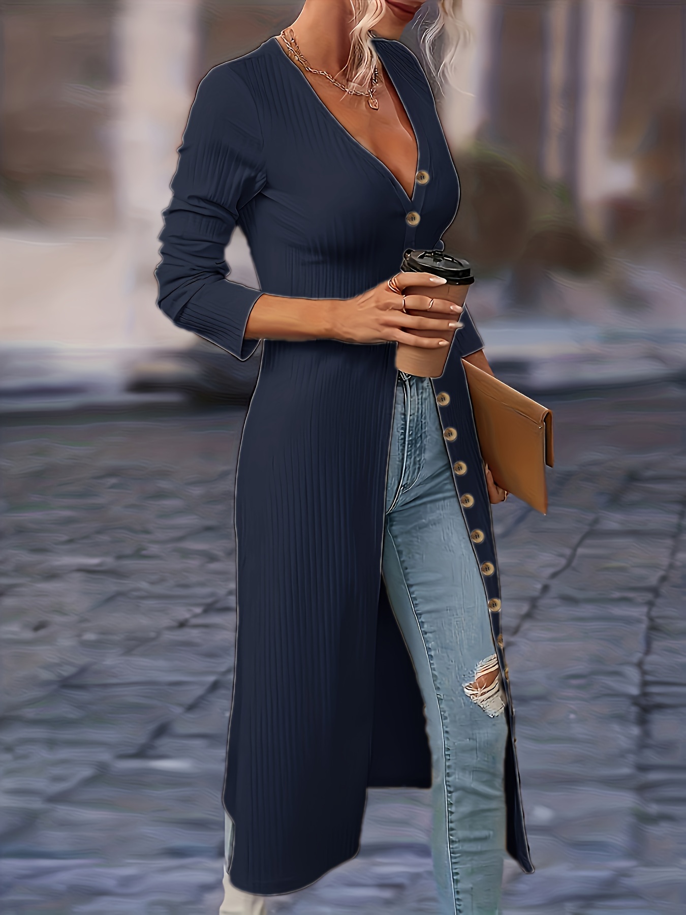 Solid Button Knit Cardigan Elegant Long Sleeve Long Length - Temu