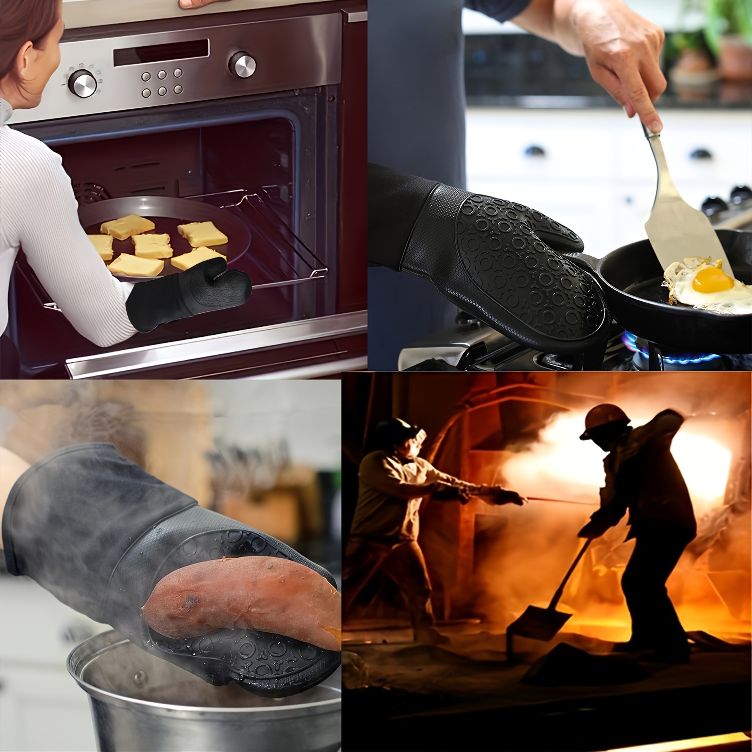  (1 Pair) Silicone Black Oven Mitts - Heat Resistant