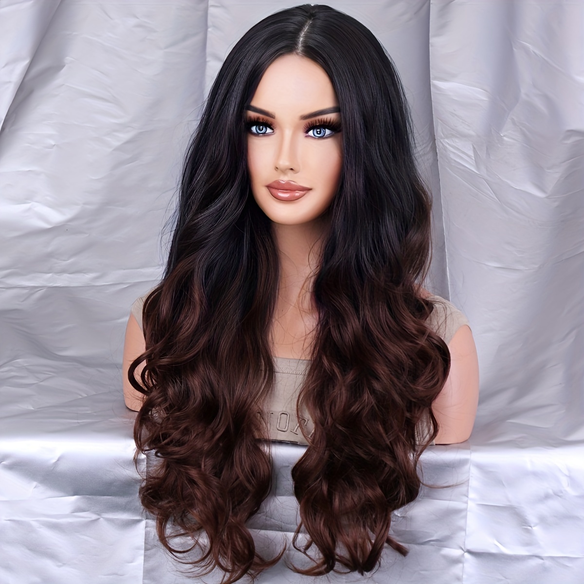 Ombre Black Brown Wig Long Wavy Wigs Middle Part Synthetic Temu