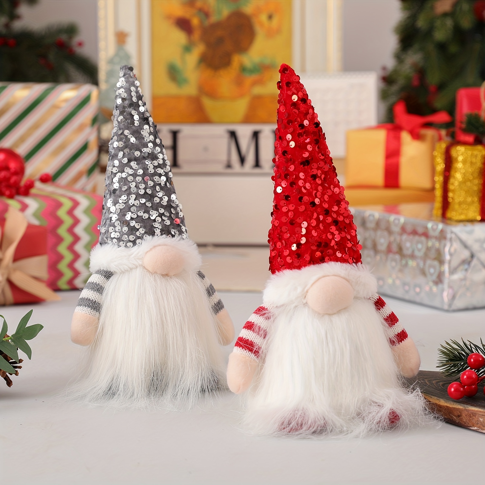 Gnome Christmas Decorations 2 PCS, Red Silver Sequin Hat Antlers