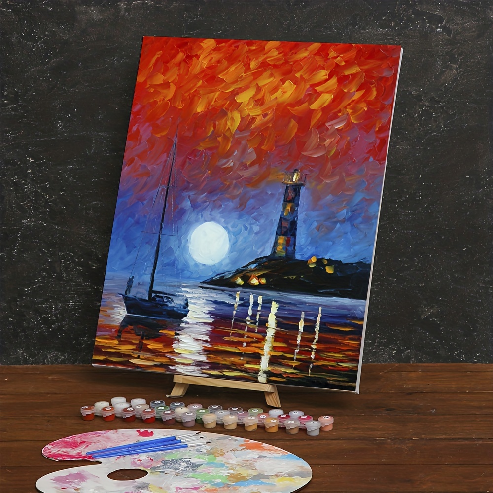 Dipingere con i Numeri Adulti,Faro sul mare Kit Pittura Numeri Fai da  Te,con Pittura Acrilica e Pennelli,Tela Olio Paint by Numbers per Bambini