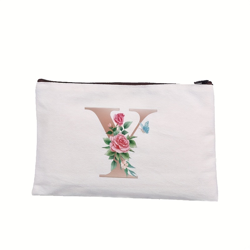 Rose Letter Printed Cosmetic Bag Canvas Makeup Pouch Lightweight