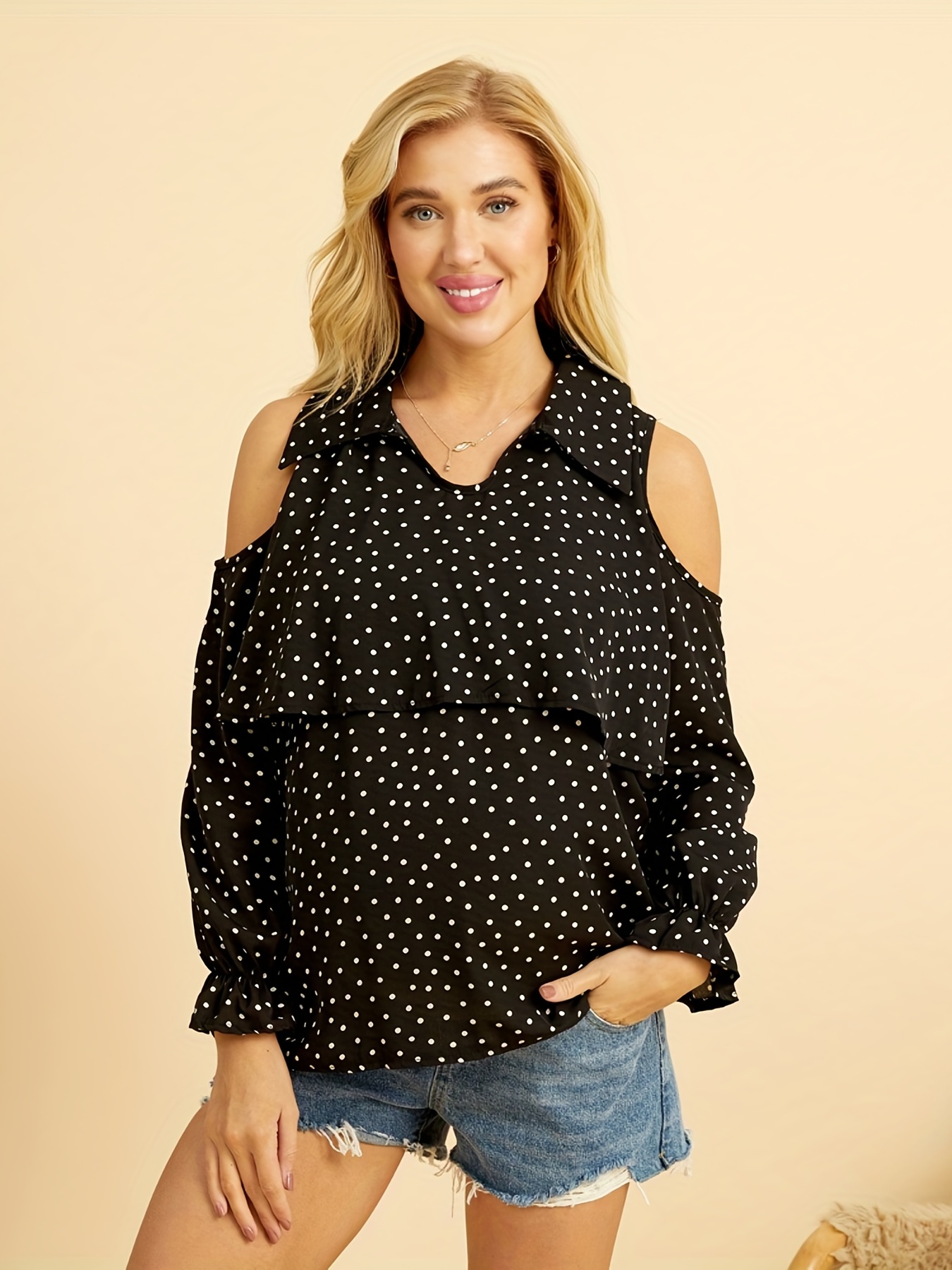 Women's Maternity Cold Shoulder Ruffled Top with Polka Dot Print
