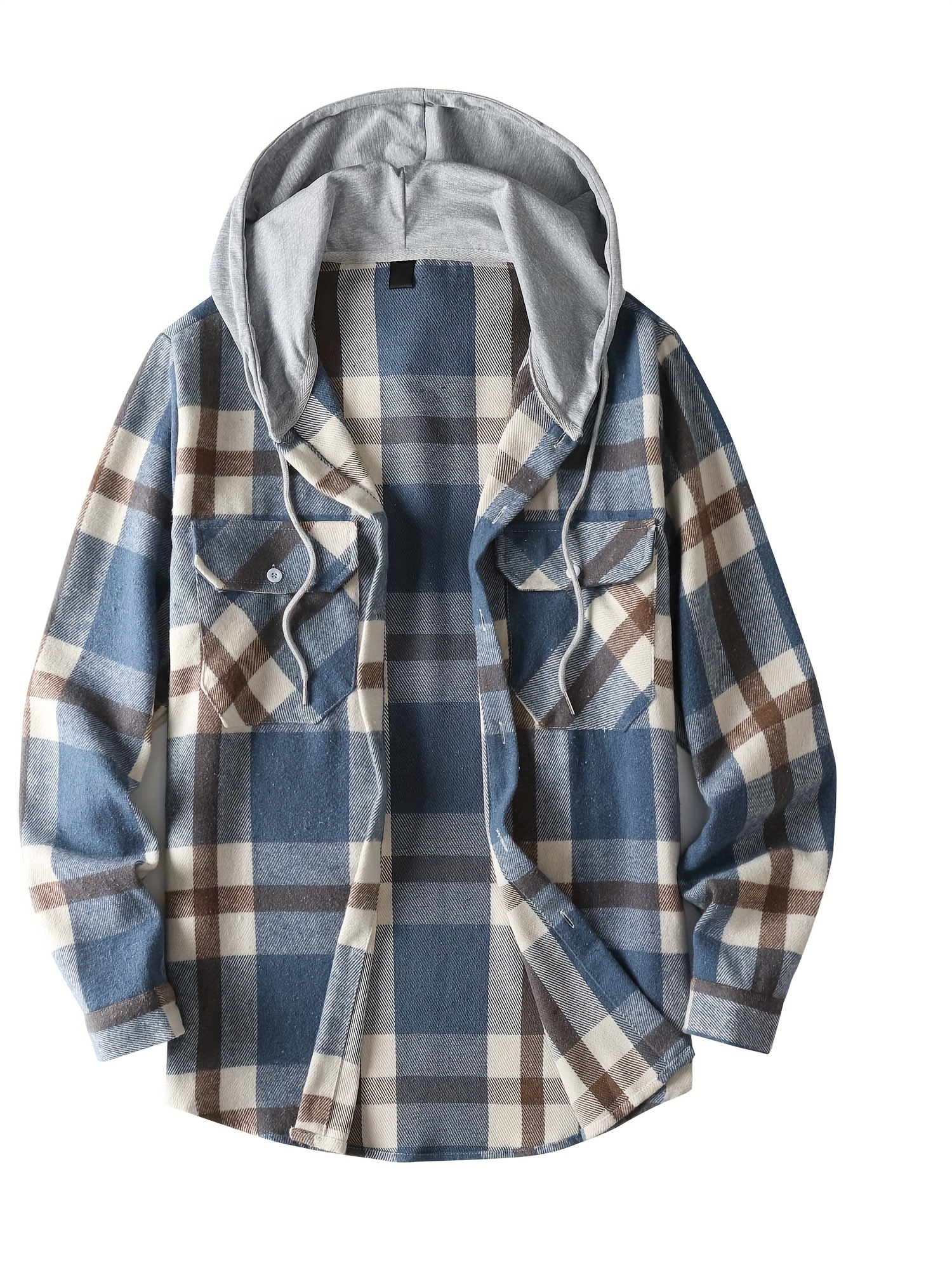 Big Plaid Pattern Men's All-match Long Sleeve Hooded Shirt With Drawstring  For Spring Fall Outdoor