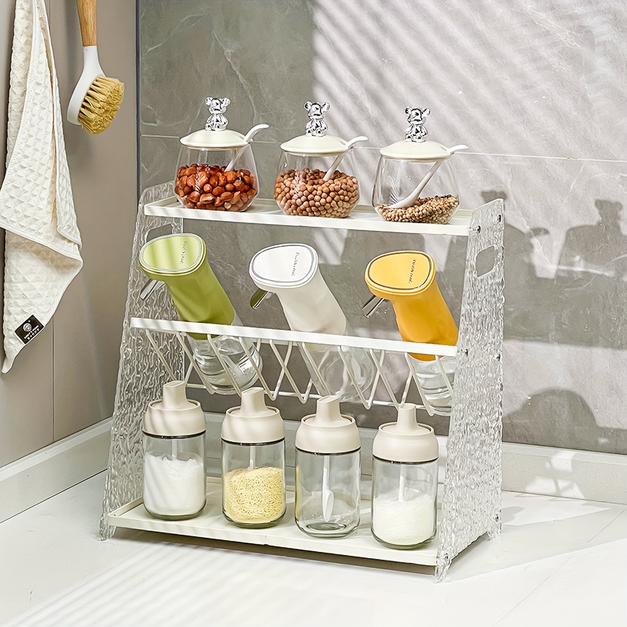 2 Tier Kitchen Storage Organizer Shelf,Seasoning Jar Holder with Drain Tray,Cups  Mugs Drying Rack for Bottle Bowls Coffee Glass Cup White 