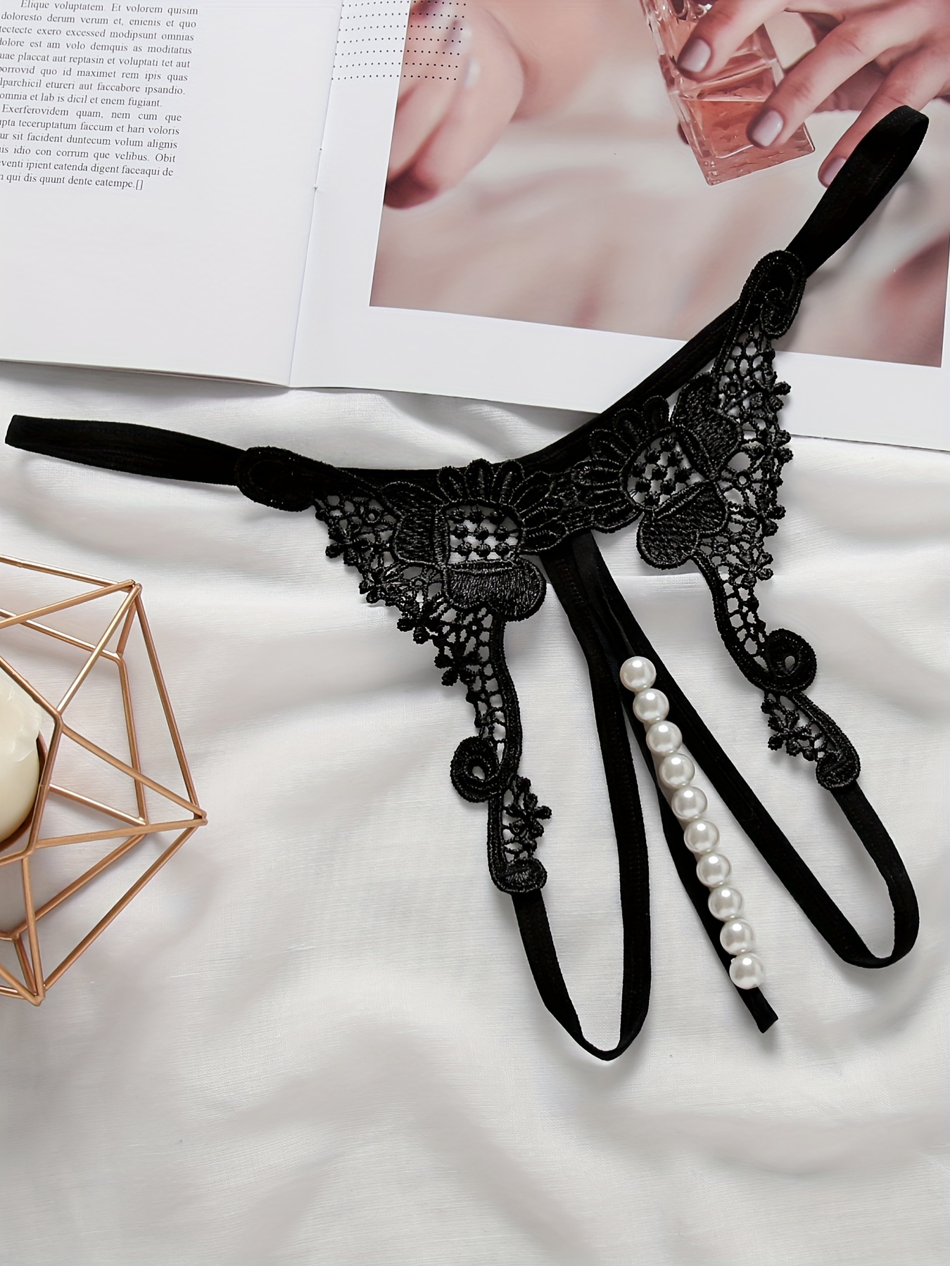 Pearl Decorative Lace Black Thongs Transparent Erotic Underwear