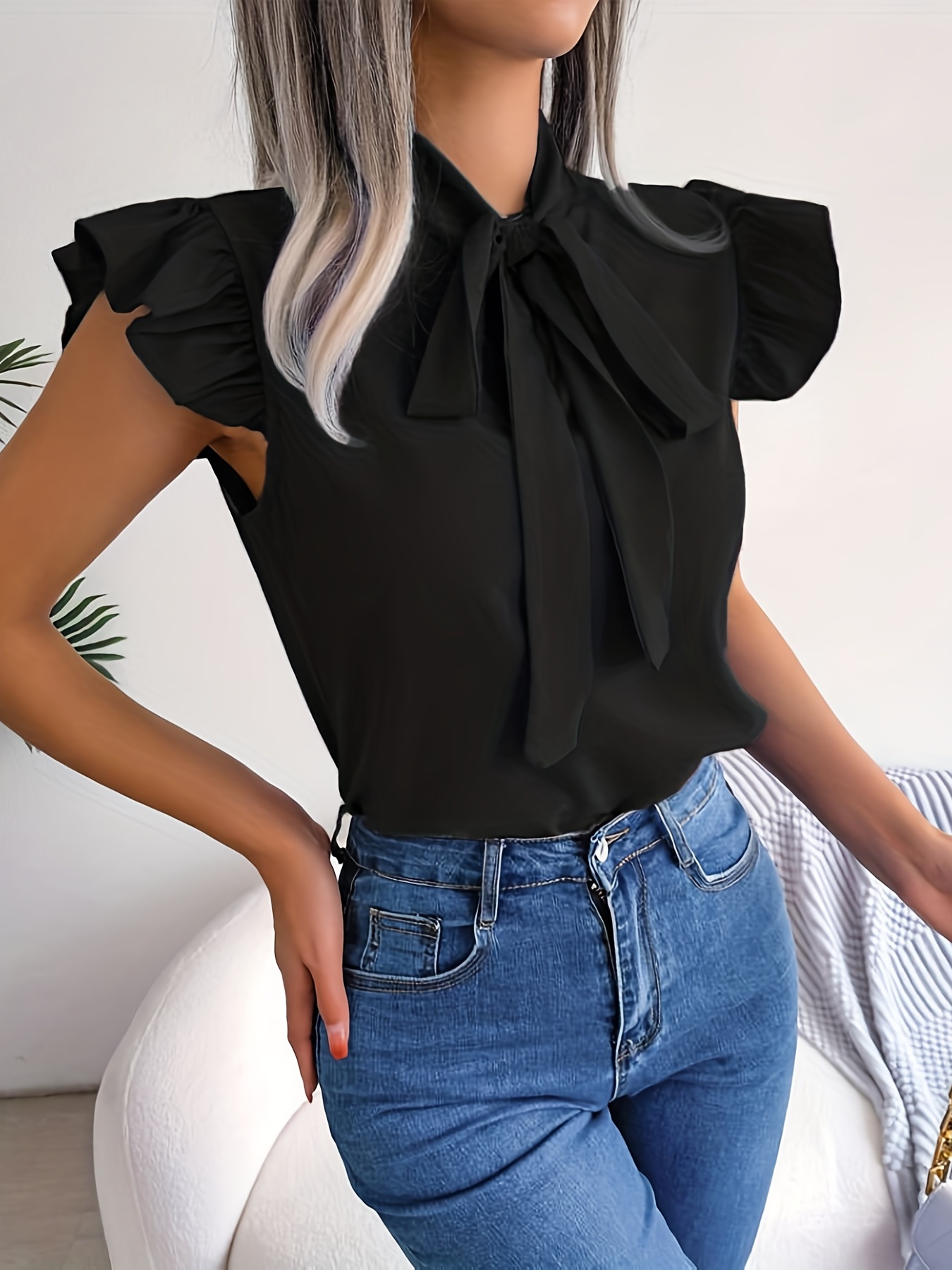 Womens Bow Tie Front Frilly Ruffle Solid Chiffon Blouse Long Sleeve Shirt  Tops