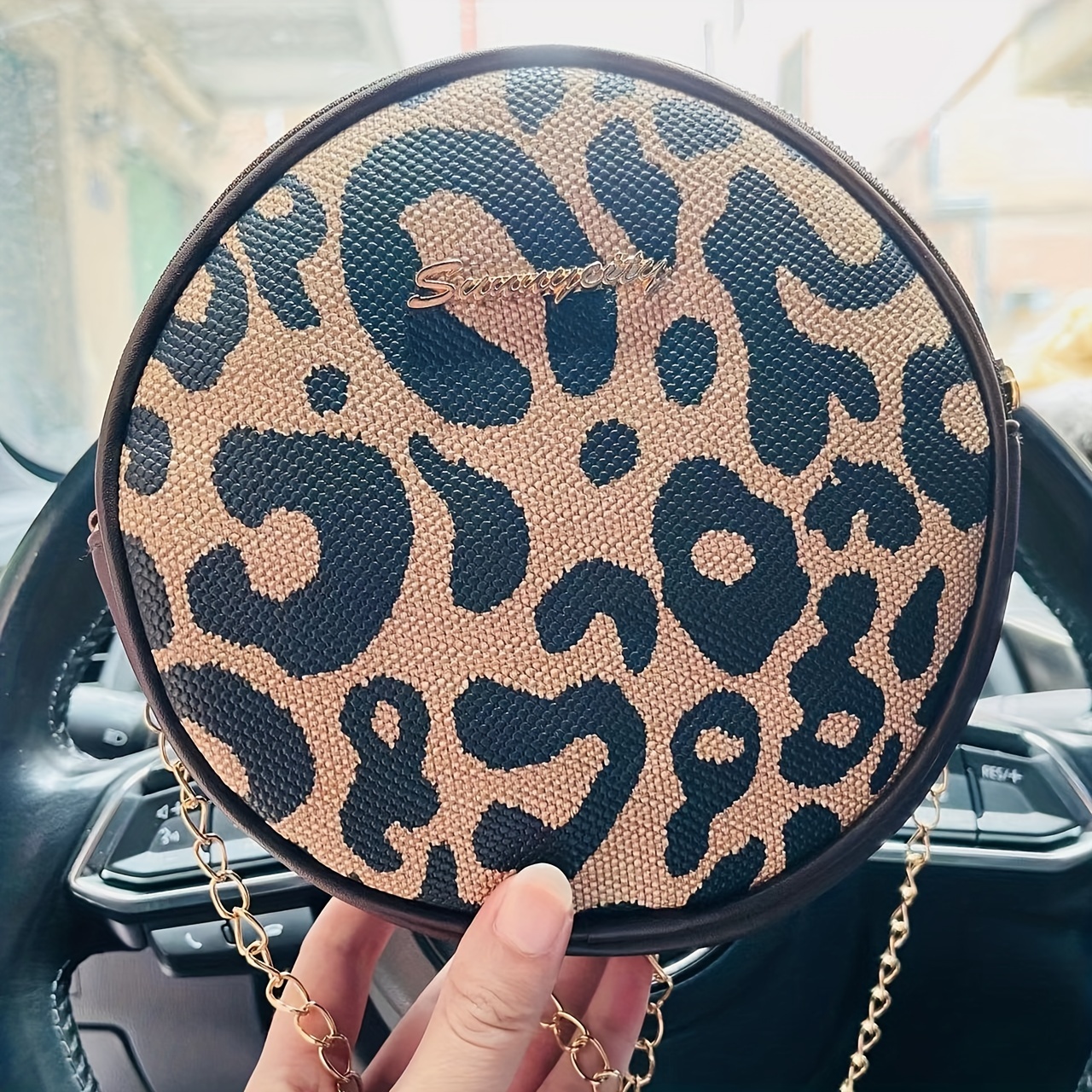 Leopard Printed Leather Round Bag Circular Bag Moon Shape 