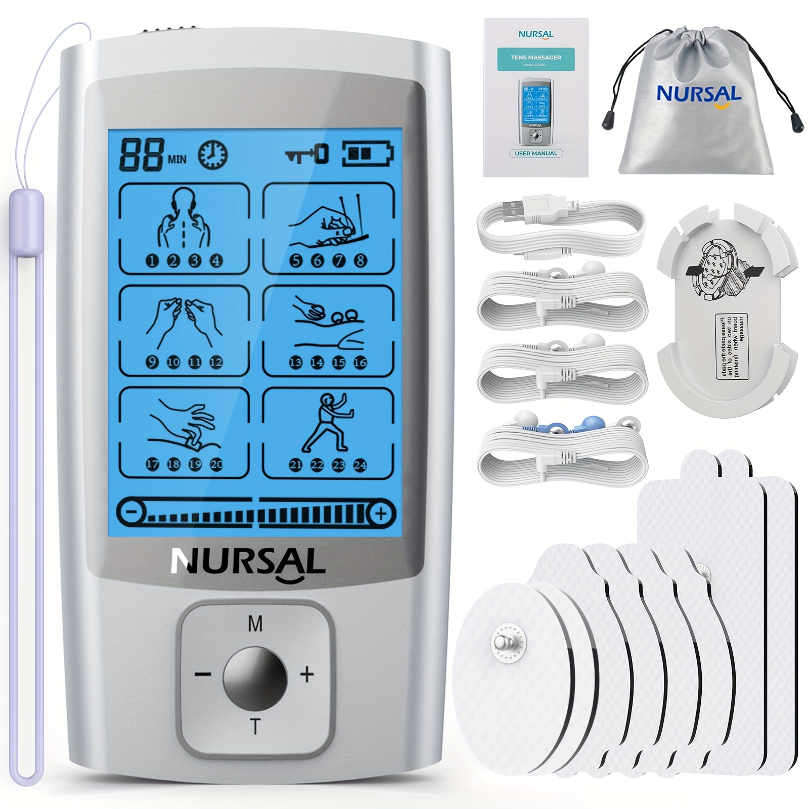 TENKER EMS TENS Unit Muscle Stimulator, 24 Modes Dual Channel Electronic  Pulse Massager for Pain Relief/Management & Muscle Strength Rechargeable  TENS Machine with 8 Pcs Electrode Pads
