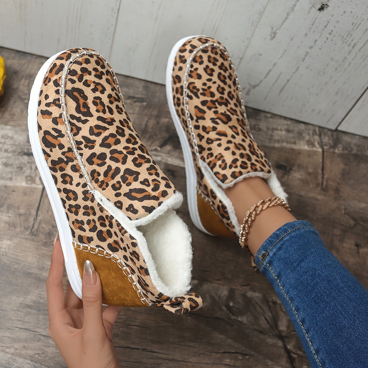 Women's Leopard Print Fuzzy Shoes Slip Soft Sole Flat Warm - Temu