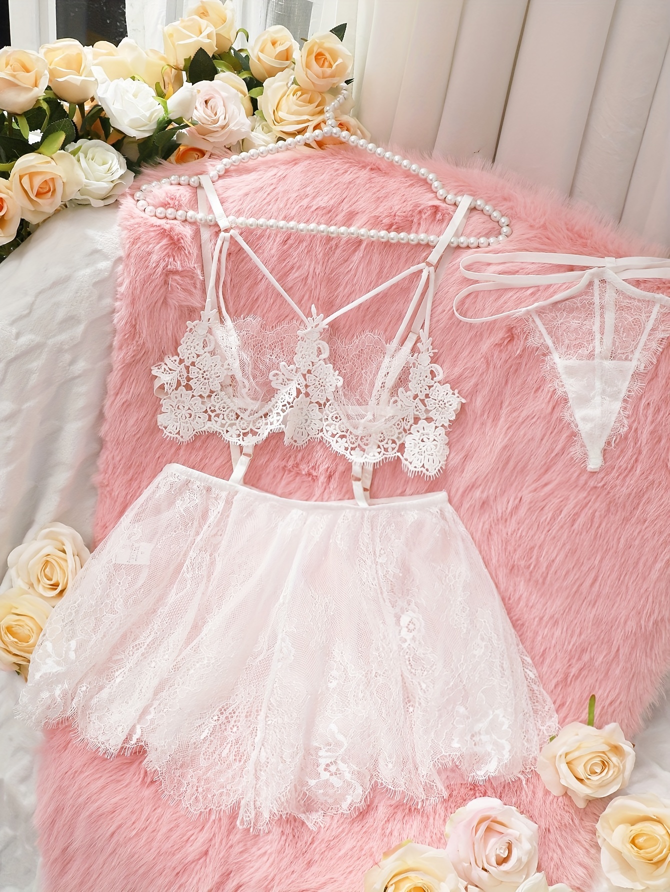 Elegant Floral Lace Lingerie Set, Polka Dot Mesh Robe With Belt & Cut Out  Slip Dress & Thong, Women's Sexy Lingerie & Underwear