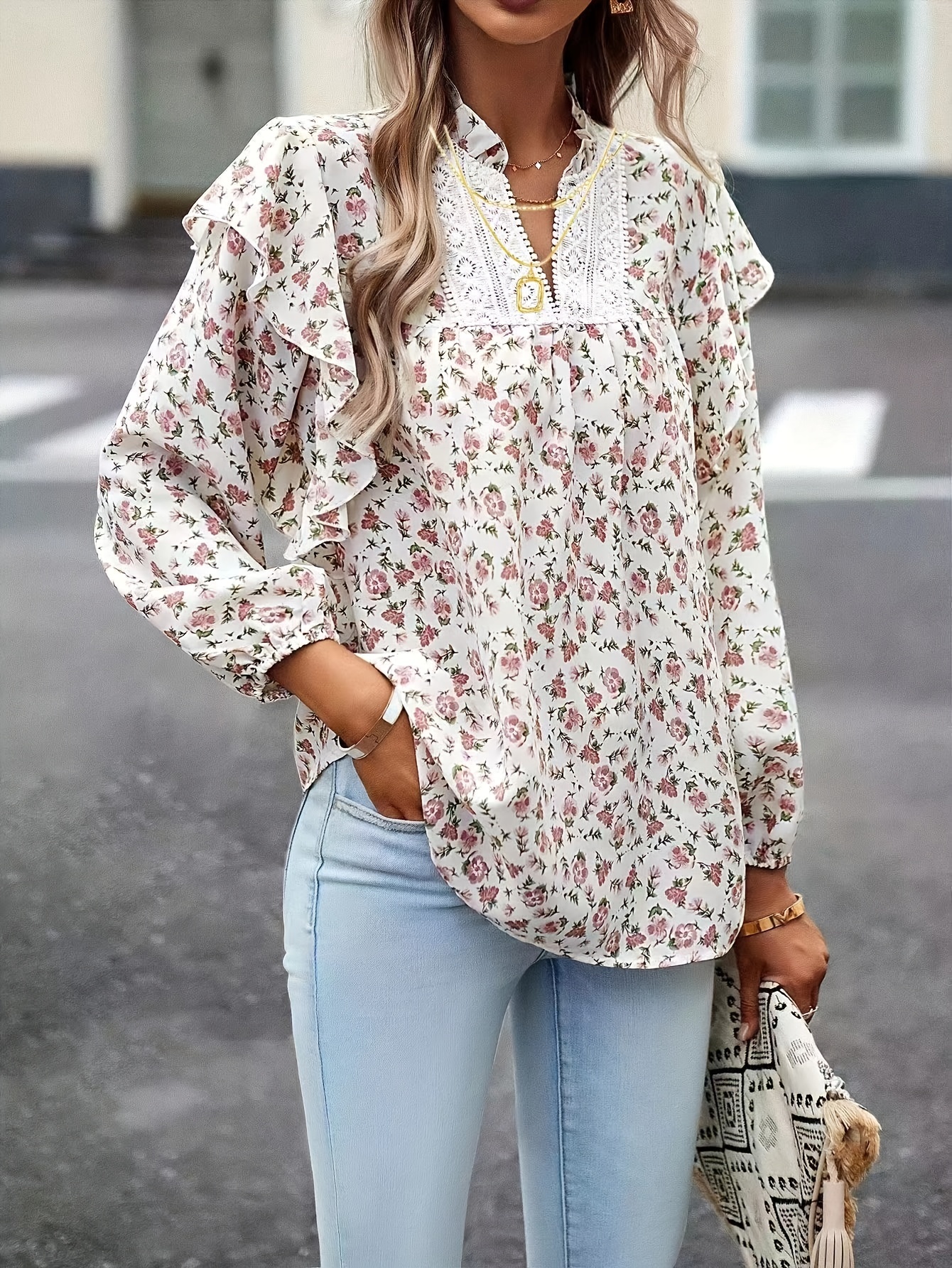 Ruffle Trim V-Neck Blouse