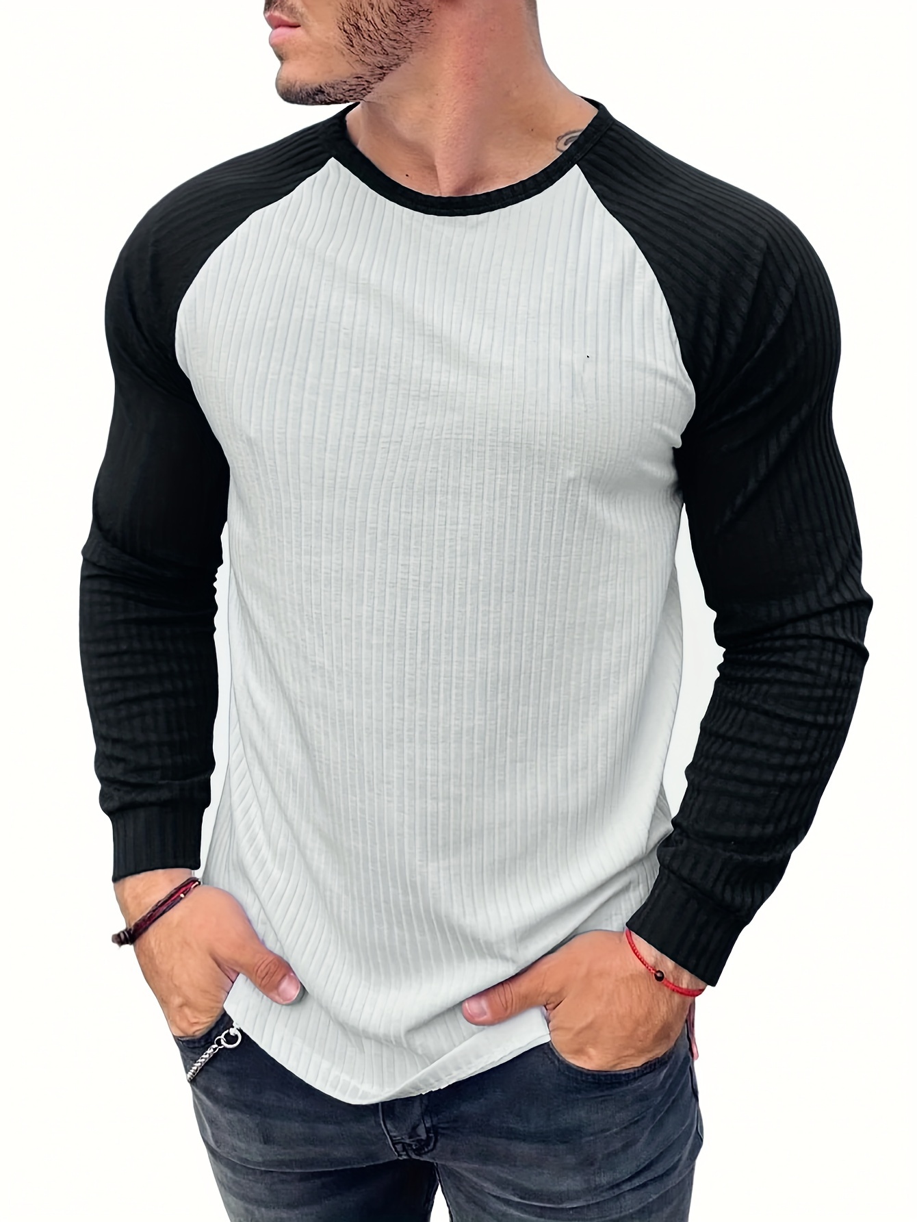 Mens Casual Long Sleeve Ribbed T-shirt Solid Color Stretch Pullover Muscle  Tops/