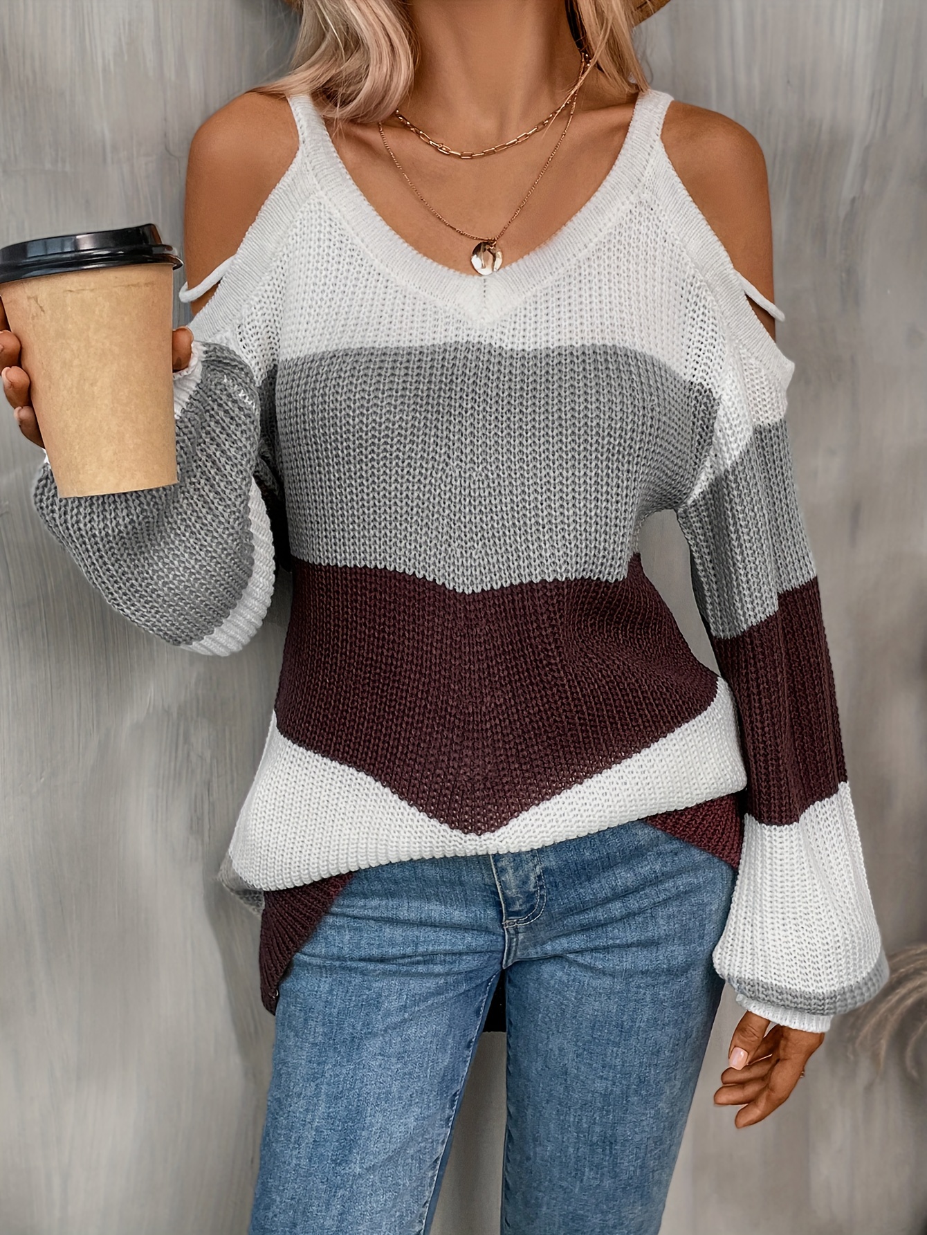 Color Block Asymmetrical Sweater Casual Long Sleeve Crew - Temu