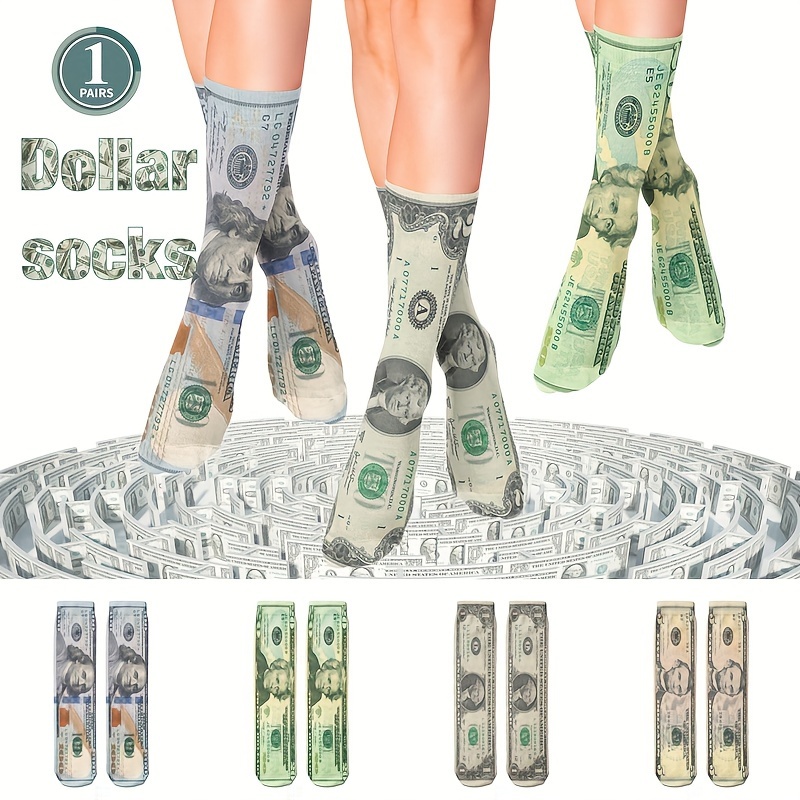 

1 Pair Of Unisex Knitted Fashion Dollar Pattern Crew Socks, Comfy & Breathable Elastic Socks, For Gifts, Parties And Daily Wearing