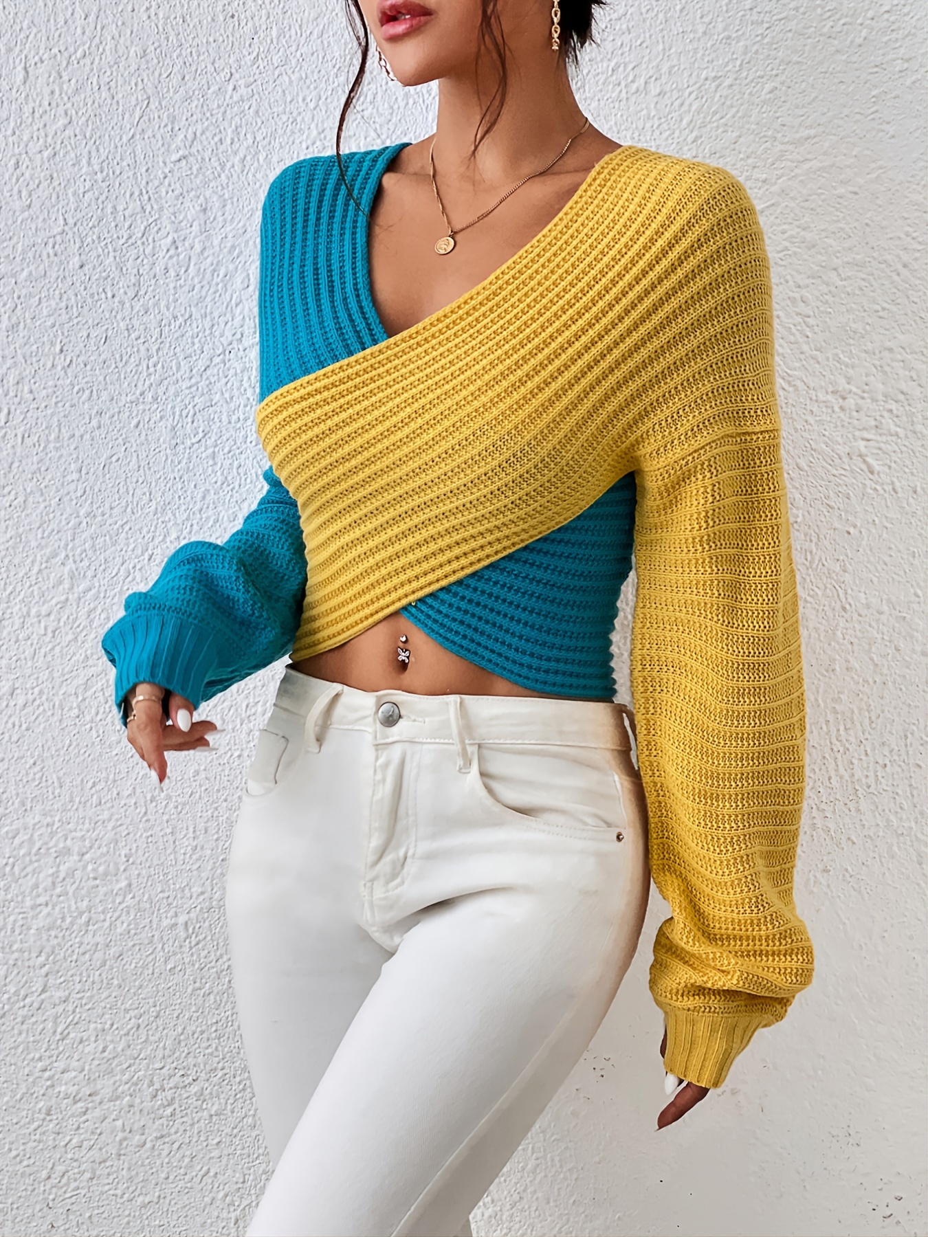 Women Y2K Knitted Crop Tops Color Block Patchwork Sweaters Long