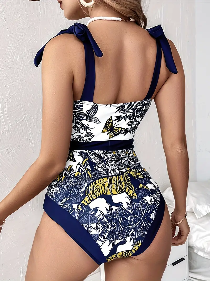 Jungle Tiger Butterfly Print Contrast Trim Elegant Swimsuits - Temu