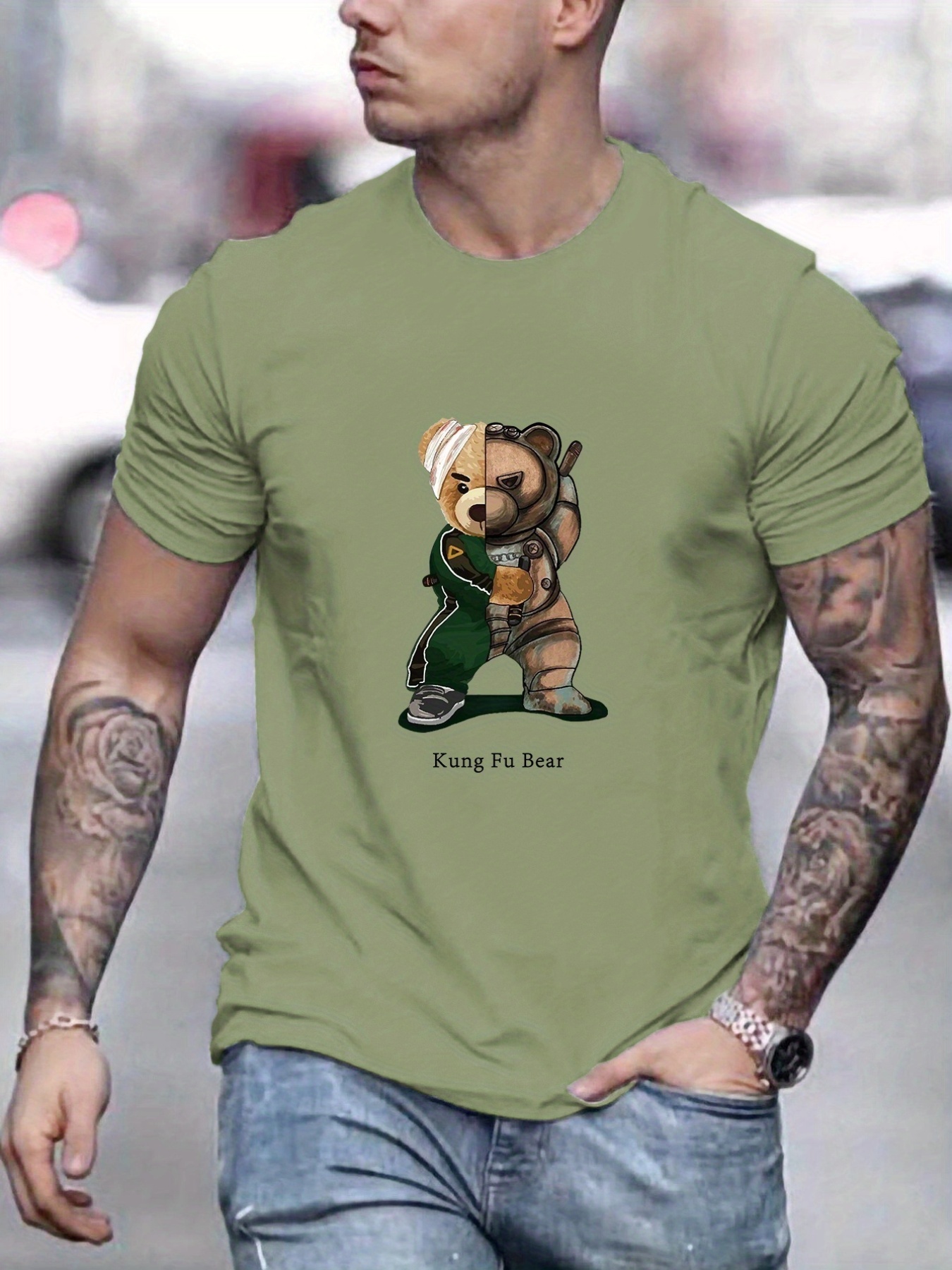 kung Fu Bear' Pattern Print Men's Comfy T shirt Graphic Tee - Temu