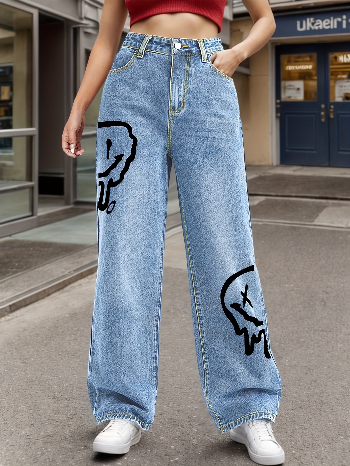 Smiling Face Print Straight Jeans Loose Fit Slant Pockets - Temu Canada