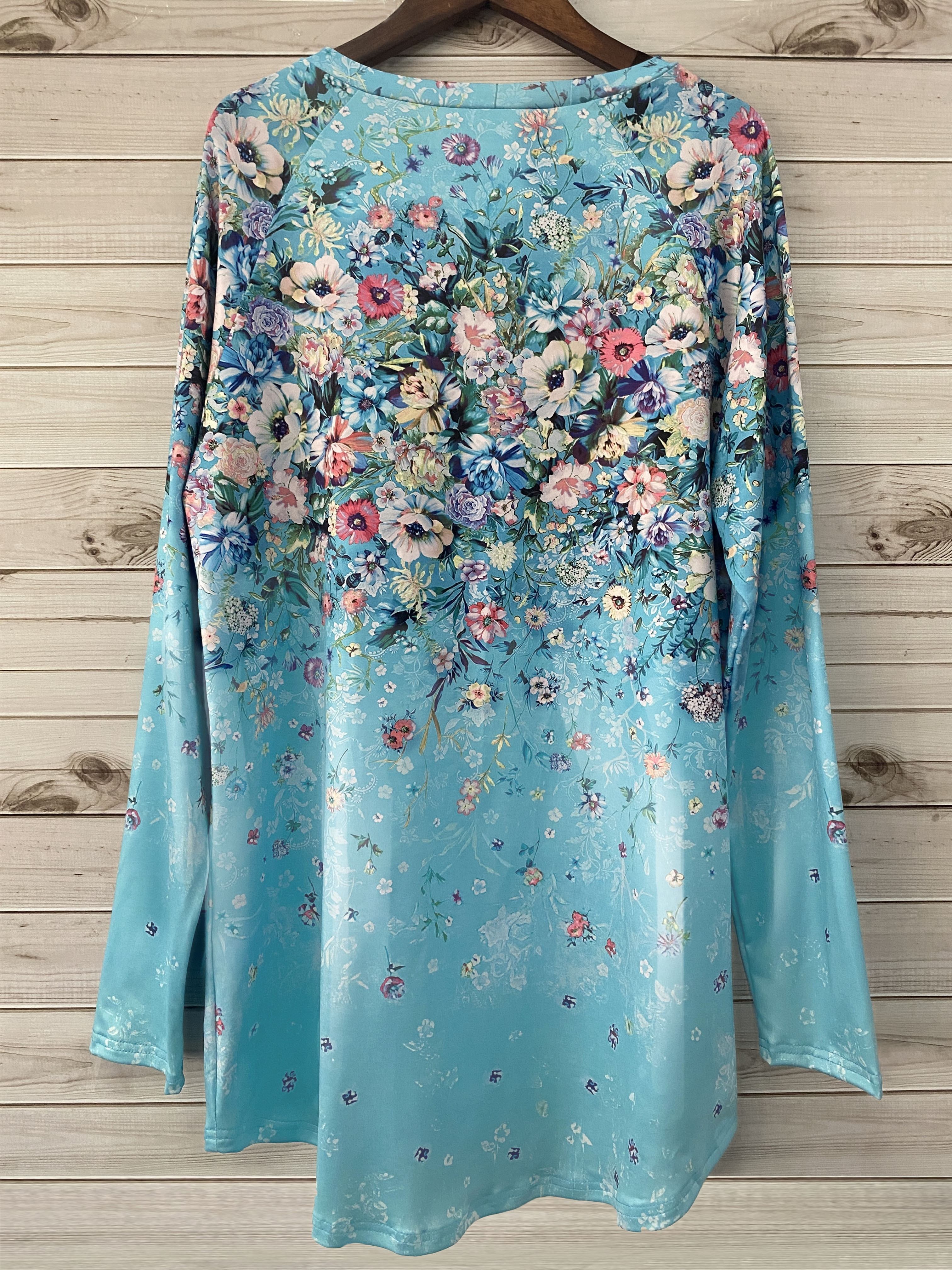Top de gola redonda com estampado floral, camisola casual de manga comprida com bainha irregular, roupa de mulher