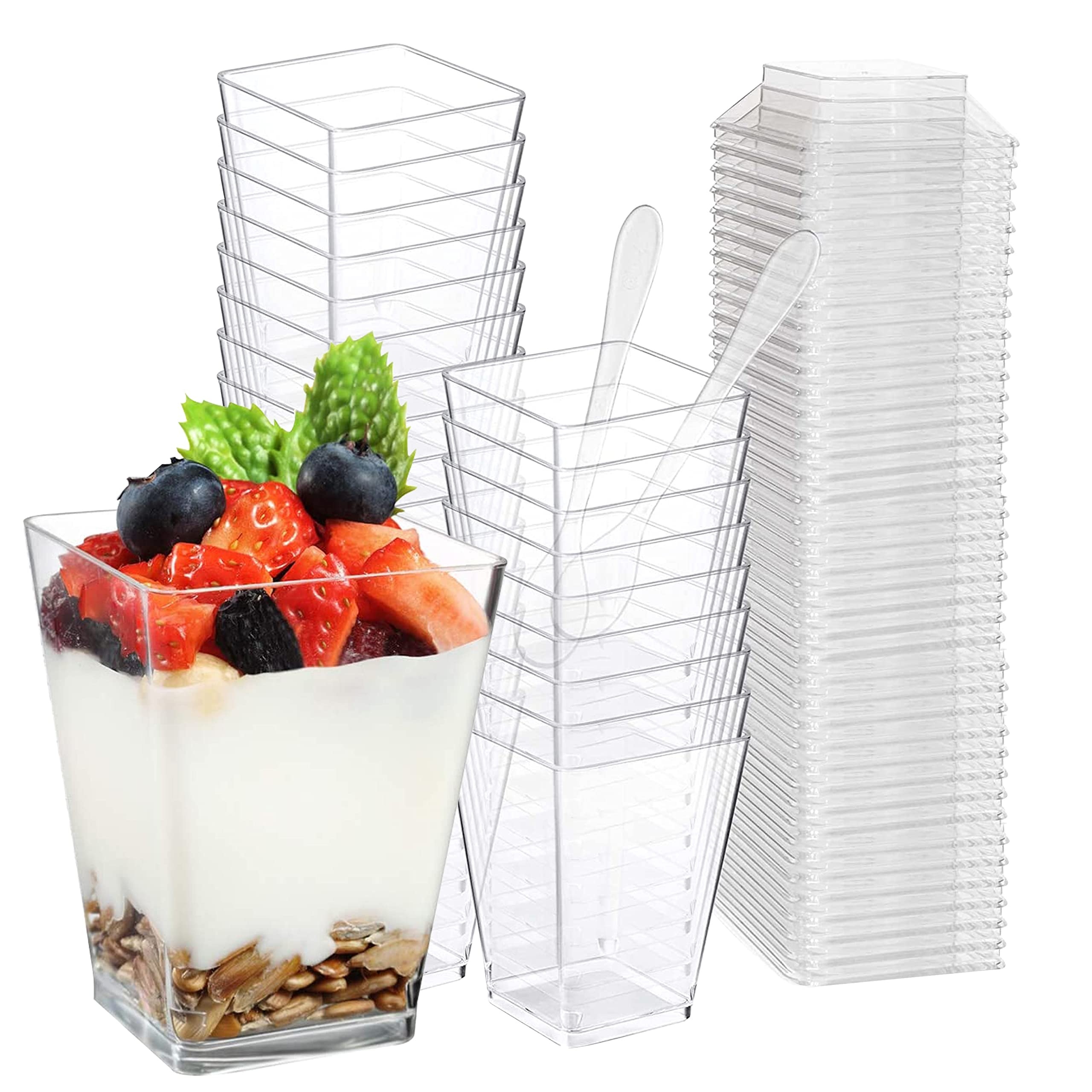 100 Sets Square Dessert Cups with Lids and Spoons Including 50 Pcs 5 oz  Clear Yogurt